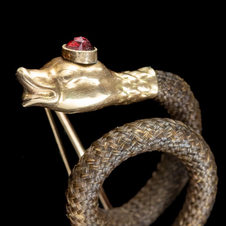 Women's Antique Georgian Garnet Mourning Snake Pin 18ct Gold With Box For Sale