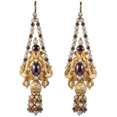 Antique Georgian Garnet Pearl Drop Earrings 18 Carat Gold, circa 1800