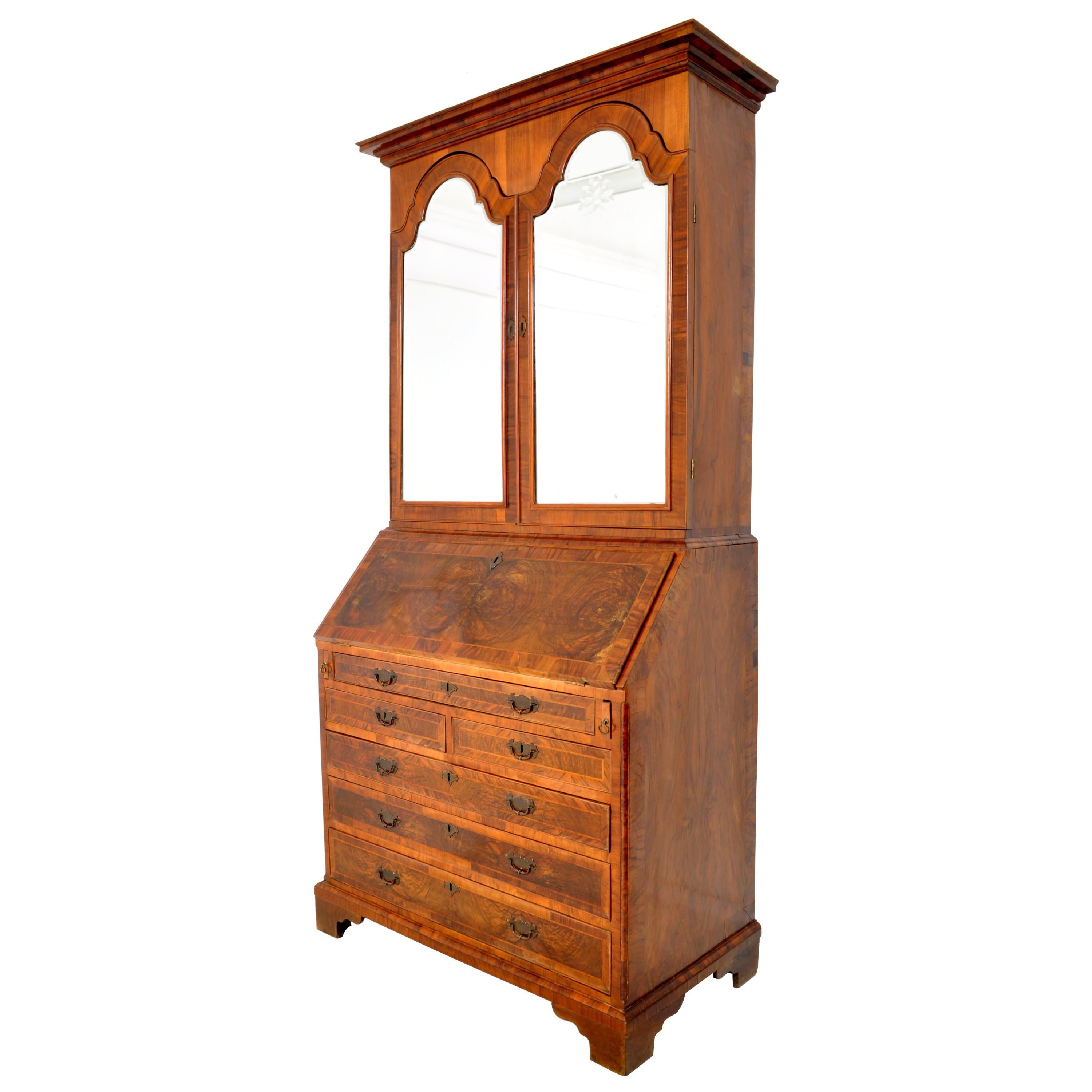 English Antique Georgian George II Figured Walnut Bookcase Bureau Secretary Desk, 1750 For Sale