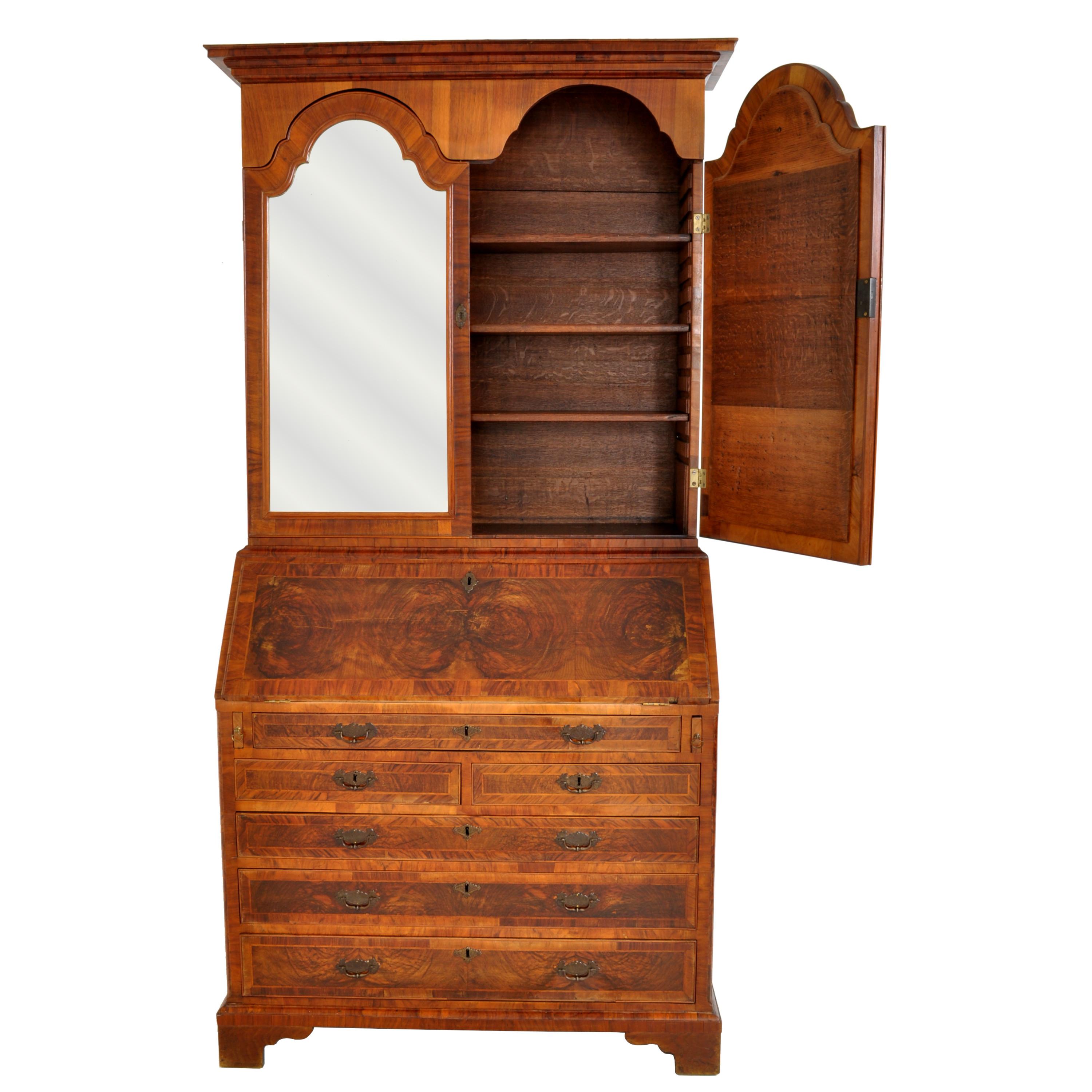 Inlay Antique Georgian George II Figured Walnut Bookcase Bureau Secretary Desk, 1750 For Sale