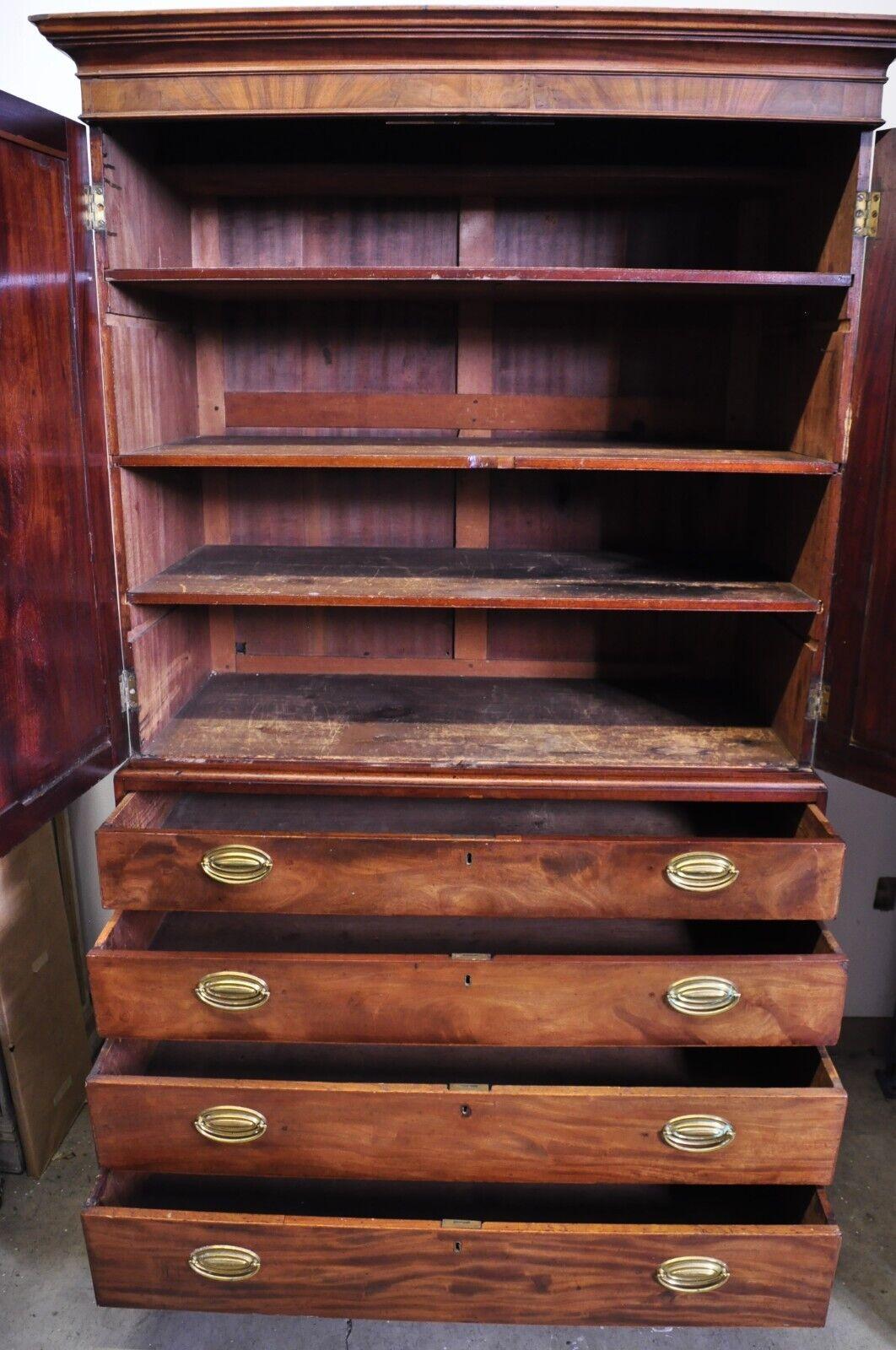 Brass Antique Georgian George III Mahogany Linen Press Wardrobe Dresser Cabinet