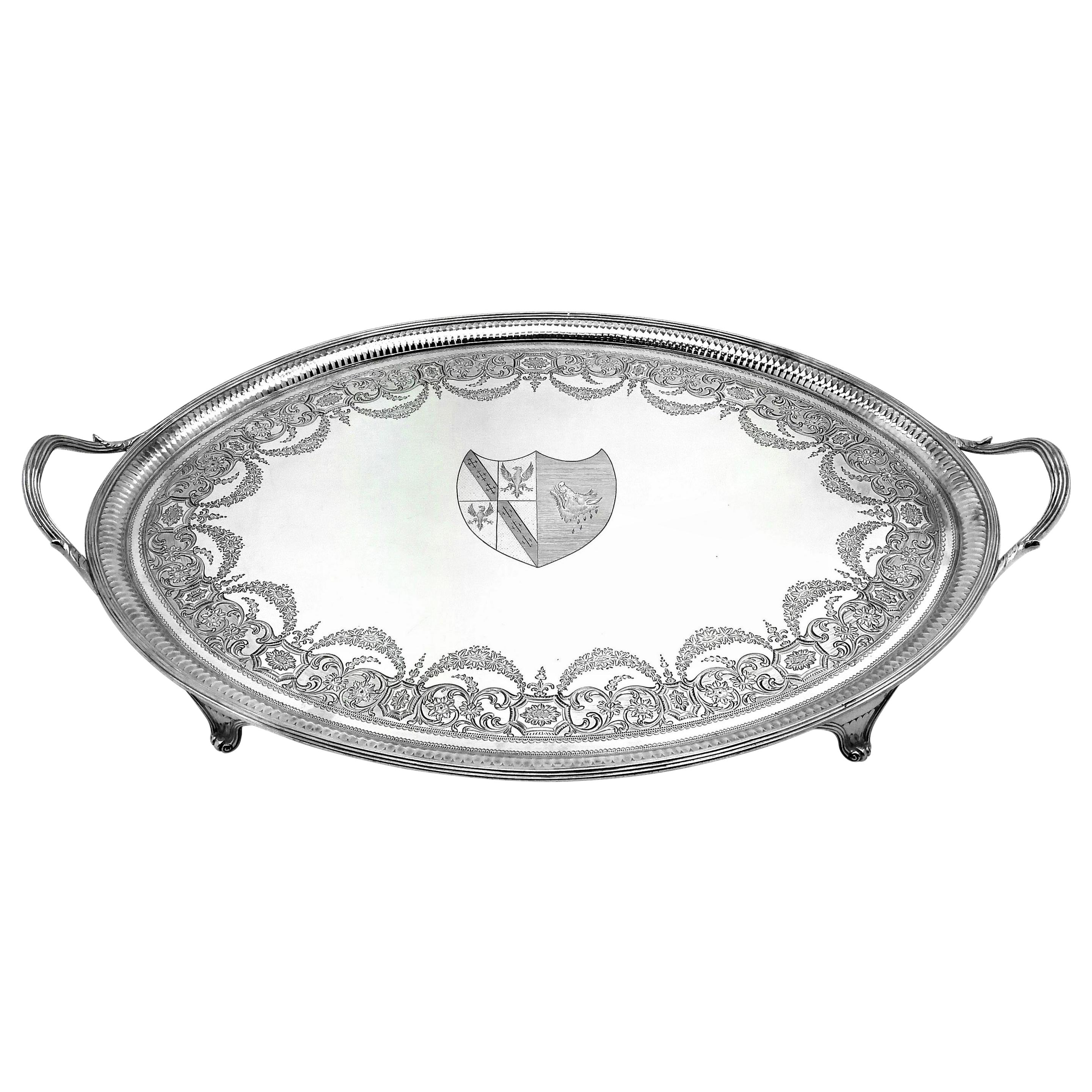 Antique Georgian George III Sterling Silver Tea Tray / Oval Serving Tray, 1788