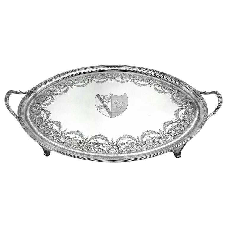 Antique Georgian George III Sterling Silver Tea Tray / Oval Serving Tray, 1788 For Sale