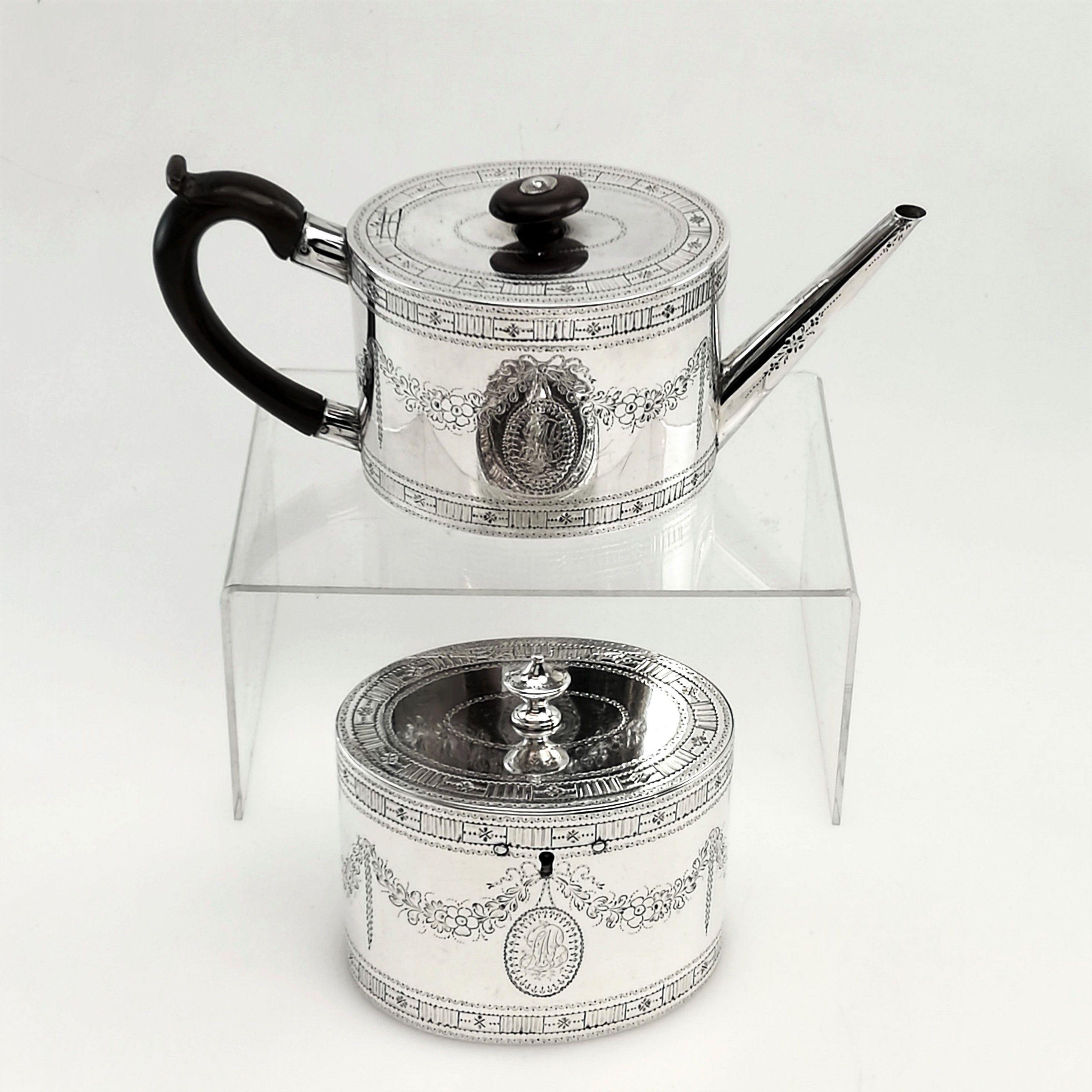 English Antique Georgian George III Sterling Silver Teapot & Tea Caddy Set 1780
