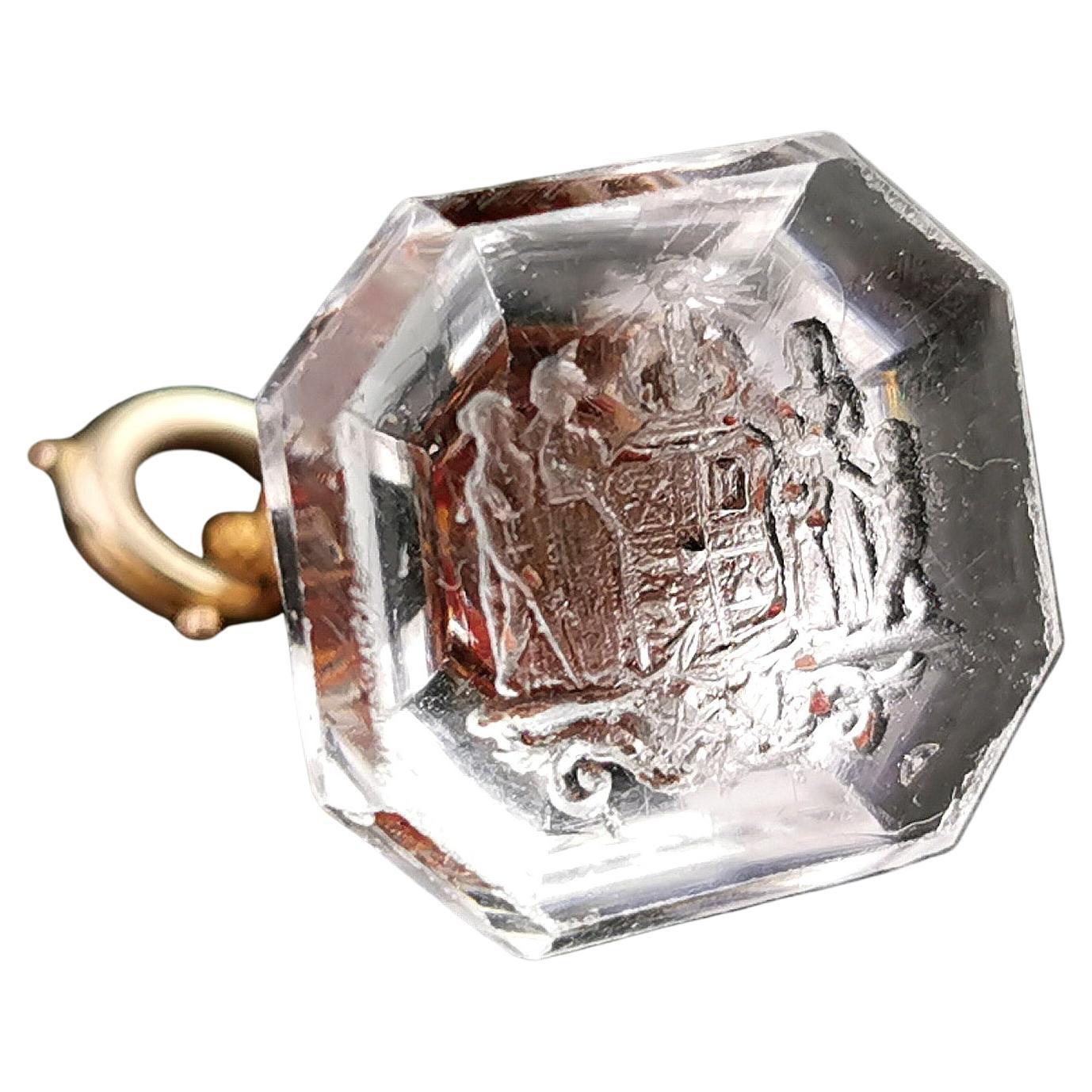 Antique gobelet à sceau en verre géorgien en taille-douce, Pinchbeck, Heraldic  en vente