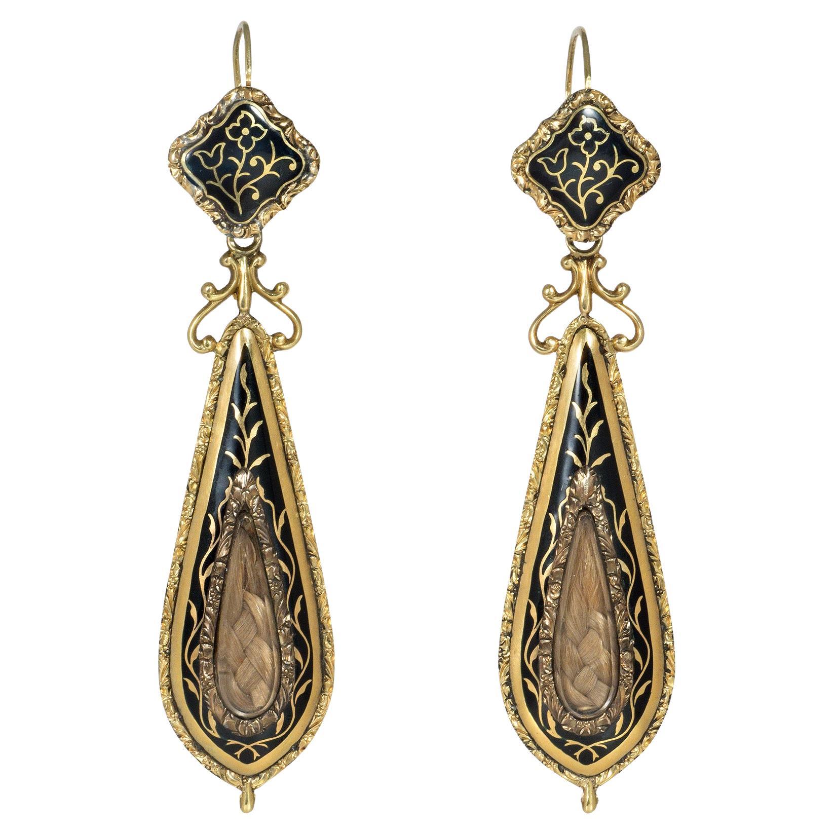 Antique Georgian Gold and Black Enamel Day-to-Night Mourning Earrings
