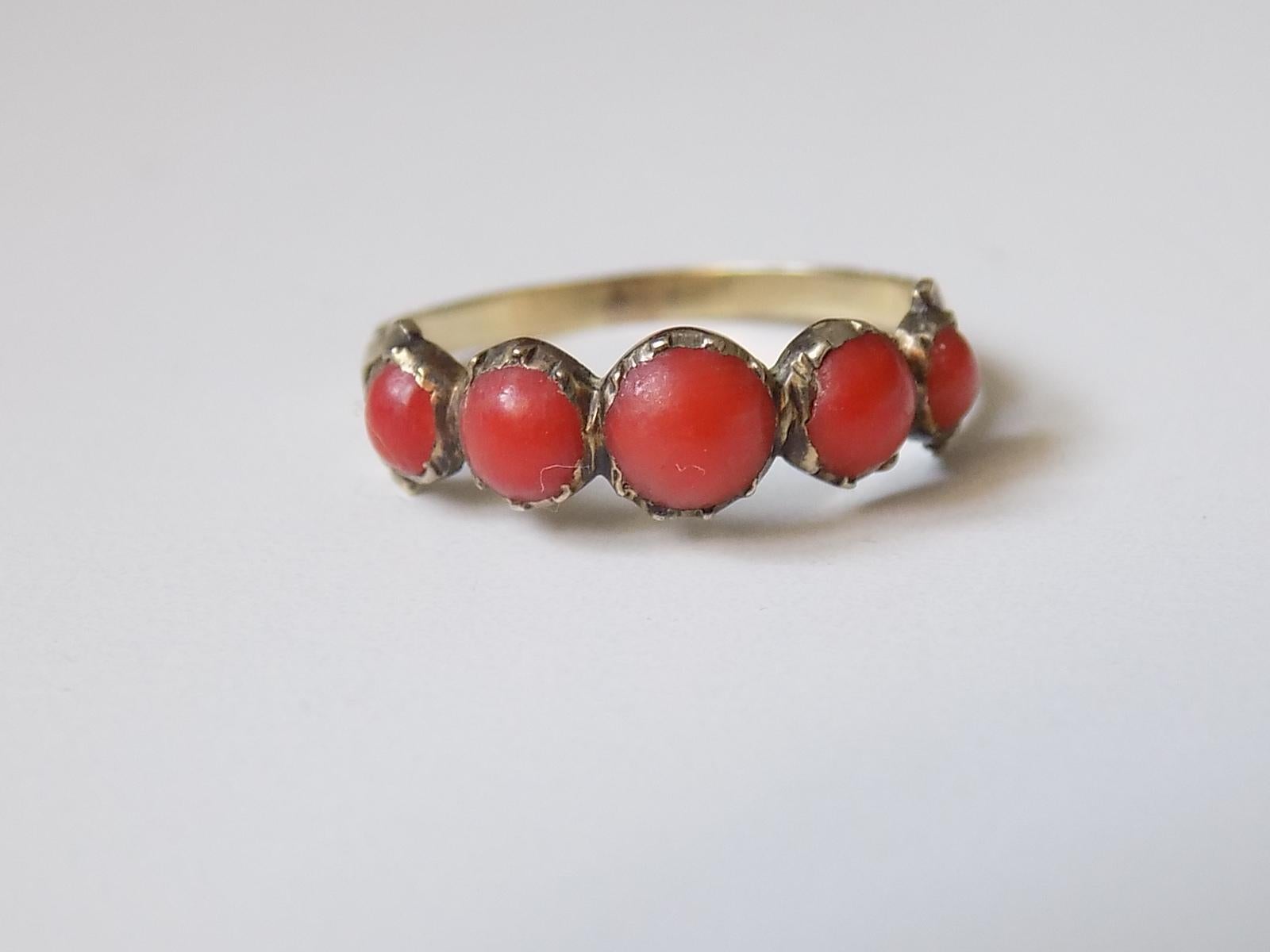 Cabochon Antique Georgian Gold and Coral Half Eternity Ring For Sale