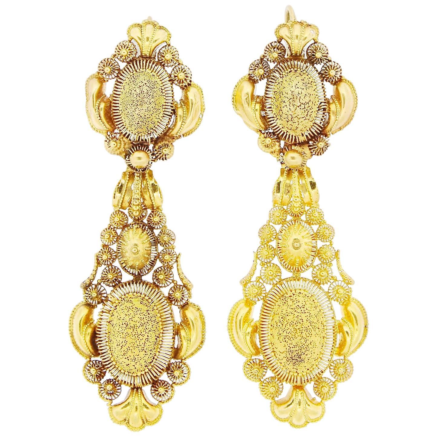 Antique Georgian Gold Cannetille Day Night Pendant Earrings