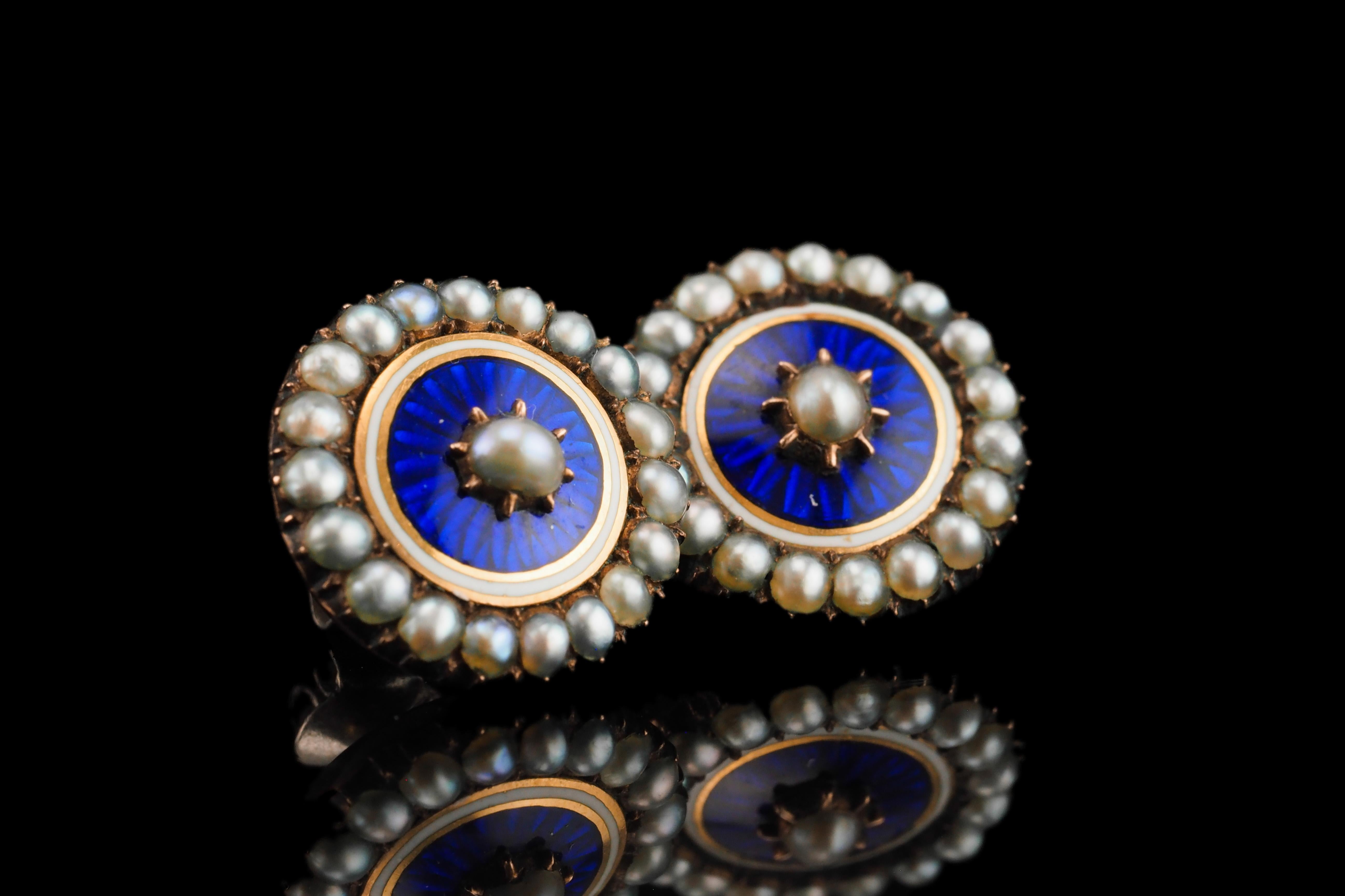 Antique Georgian Gold Earrings with Blue Enamel Guilloche Pearl Cluster c.1800 For Sale 6