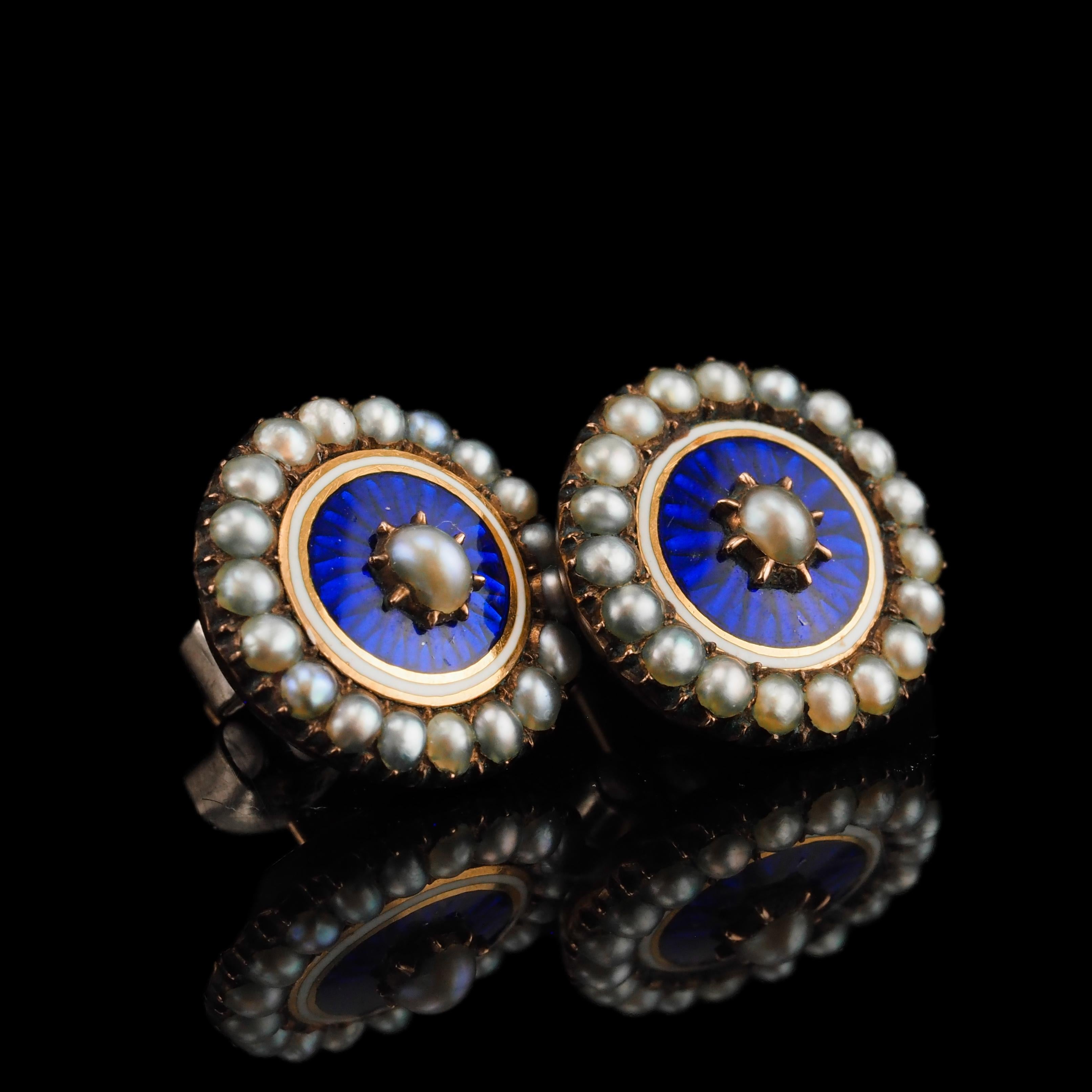 Antique Georgian Gold Earrings with Blue Enamel Guilloche Pearl Cluster c.1800 For Sale 7