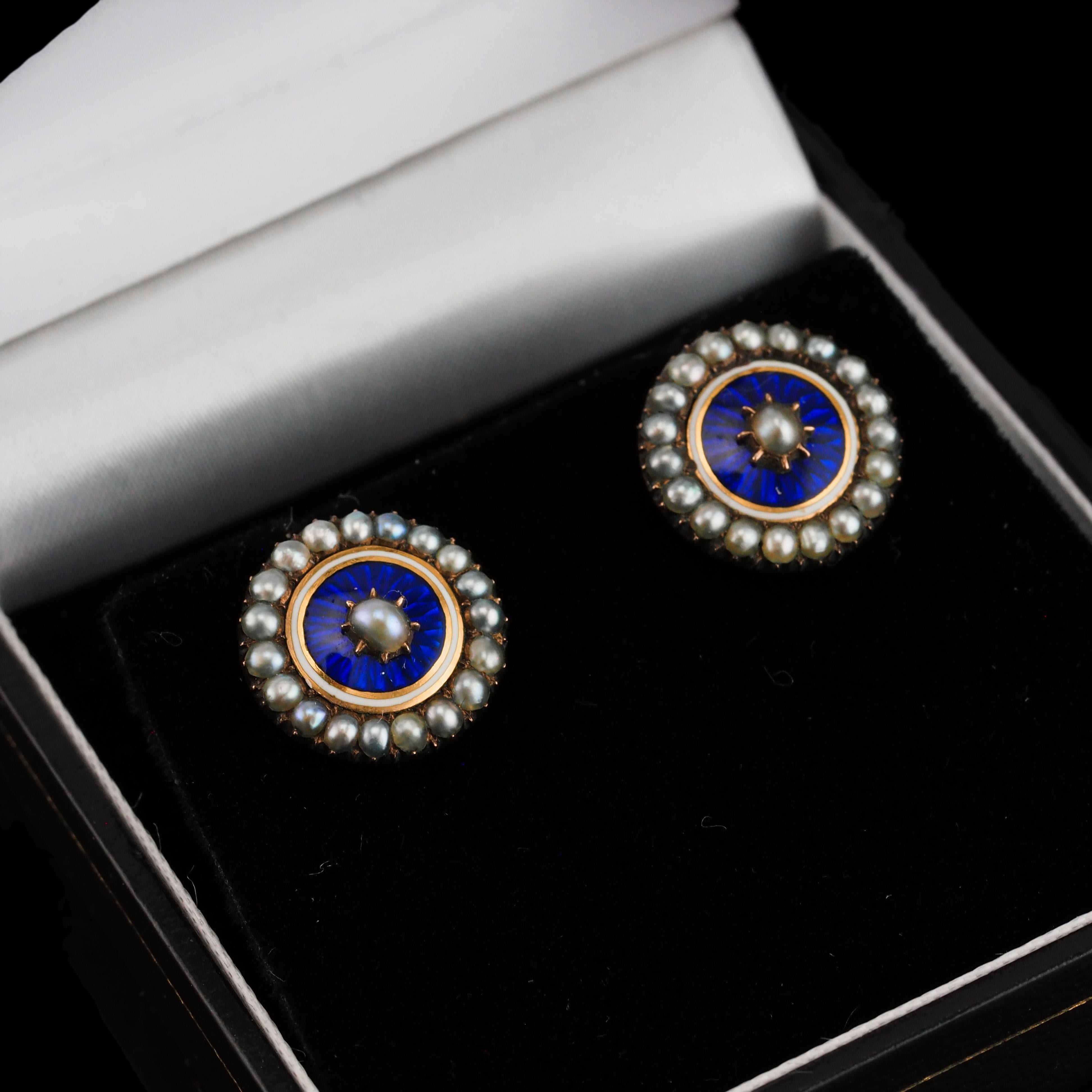 Antique Georgian Gold Earrings with Blue Enamel Guilloche Pearl Cluster c.1800 For Sale 8