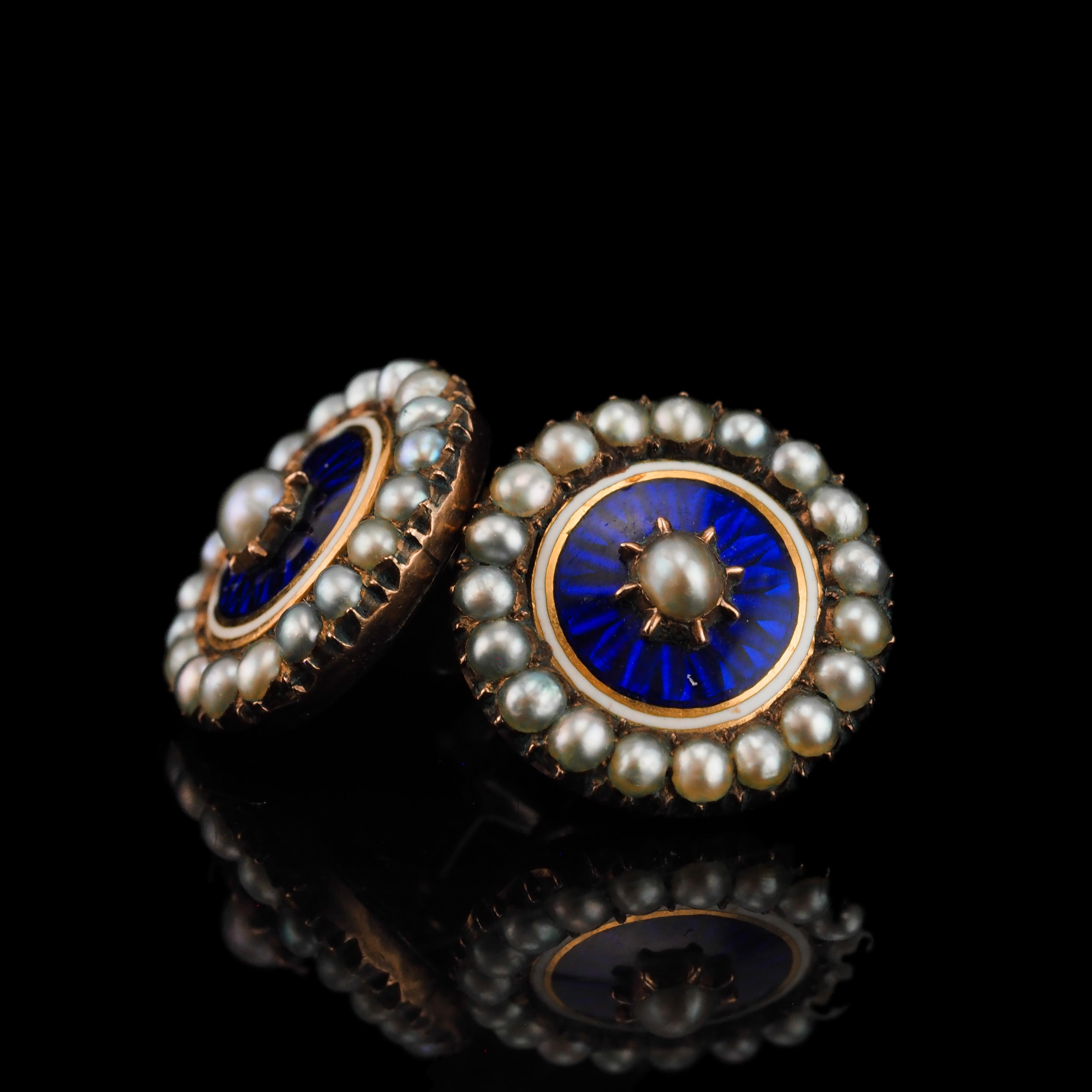 Antique Georgian Gold Earrings with Blue Enamel Guilloche Pearl Cluster c.1800 For Sale 9