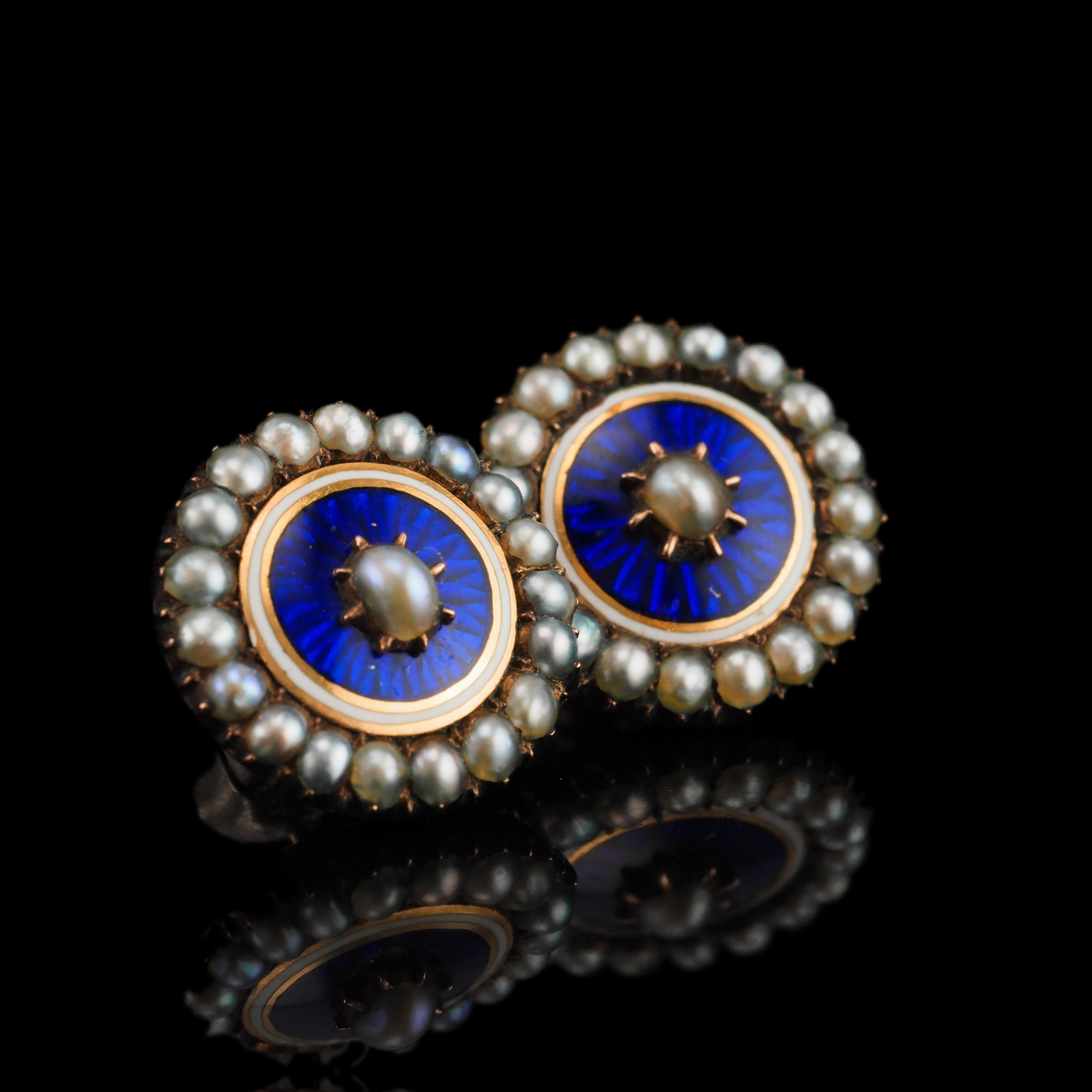 Antique Georgian Gold Earrings with Blue Enamel Guilloche Pearl Cluster c.1800 For Sale 10
