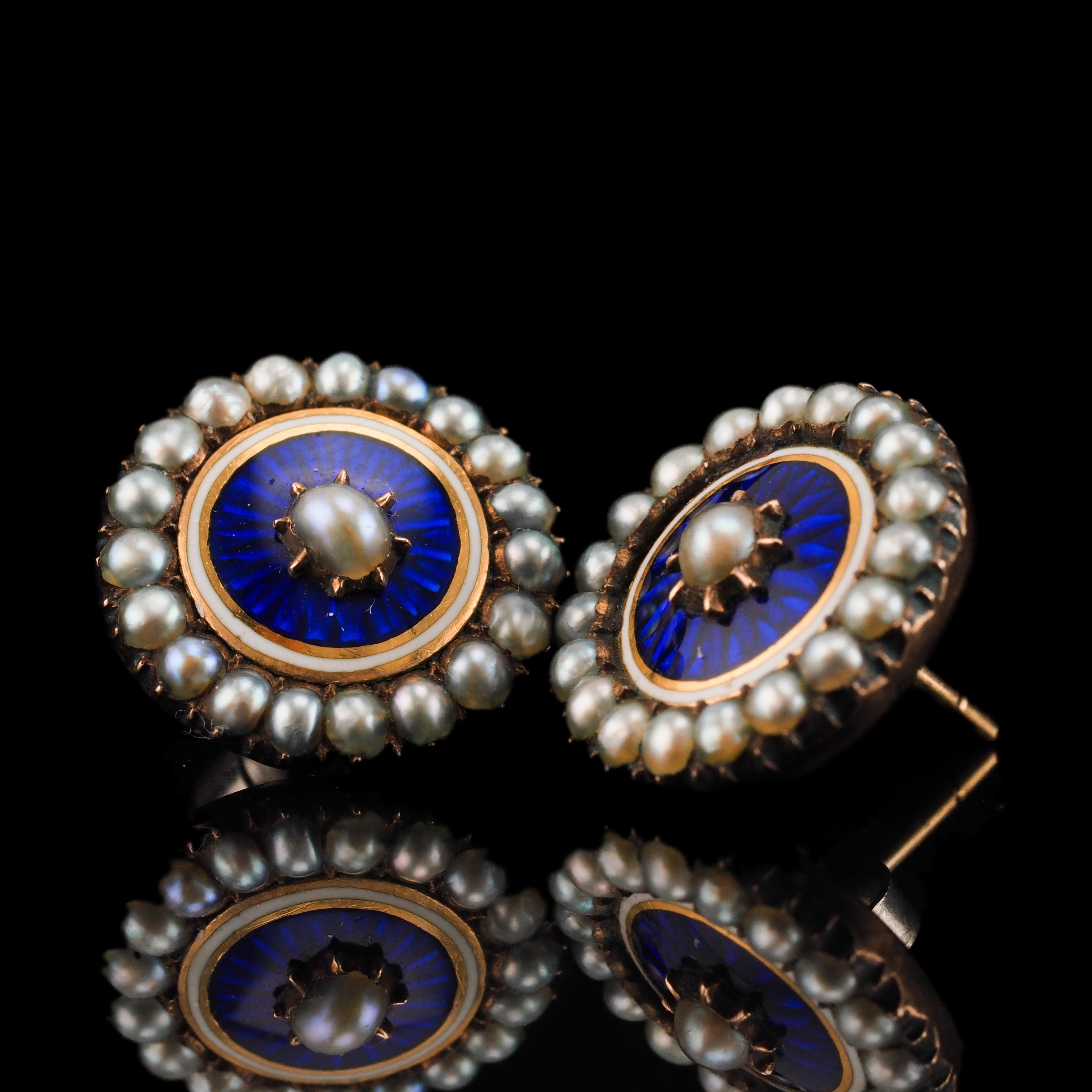 Cabochon Antique Georgian Gold Earrings with Blue Enamel Guilloche Pearl Cluster c.1800 For Sale