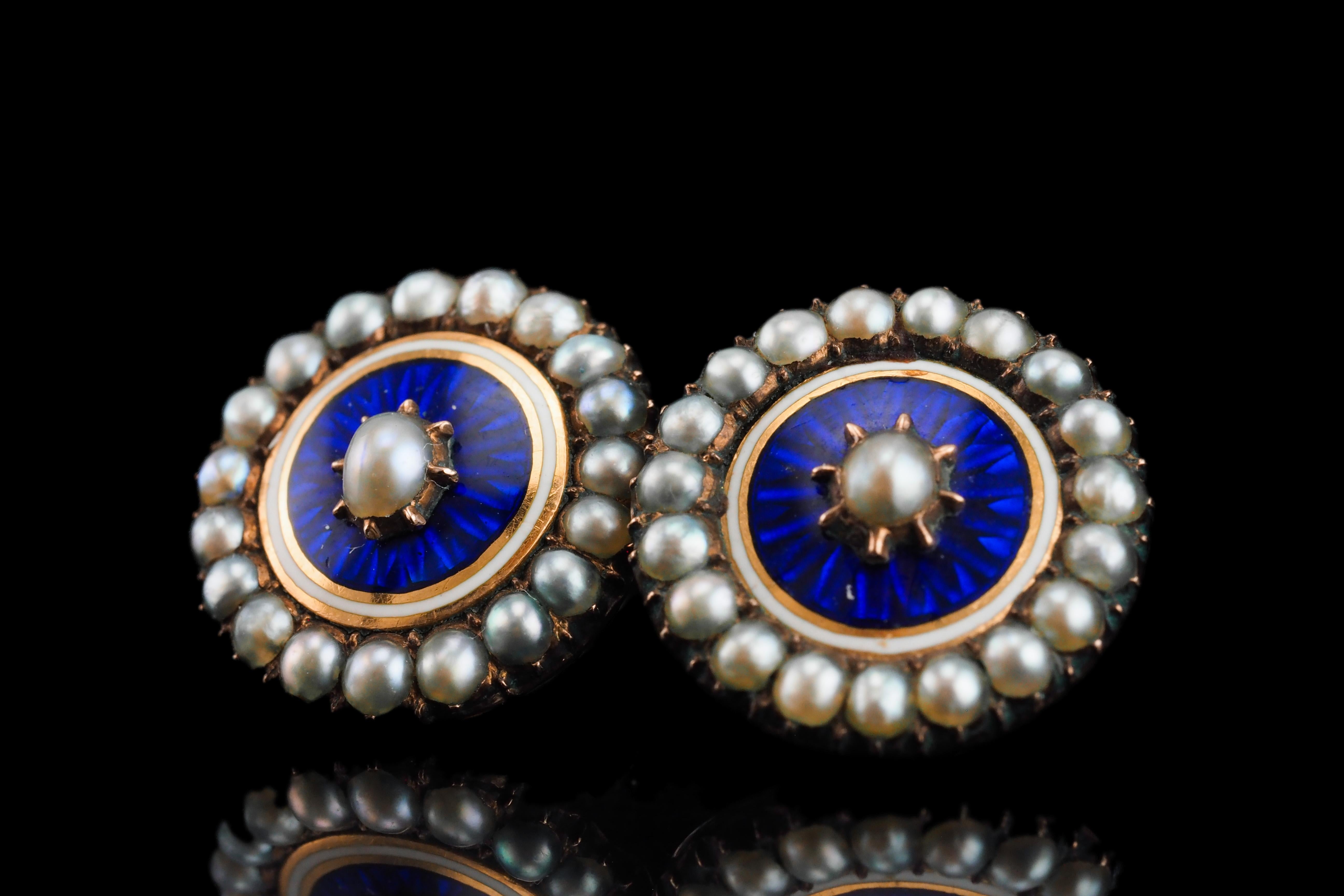 Women's or Men's Antique Georgian Gold Earrings with Blue Enamel Guilloche Pearl Cluster c.1800 For Sale