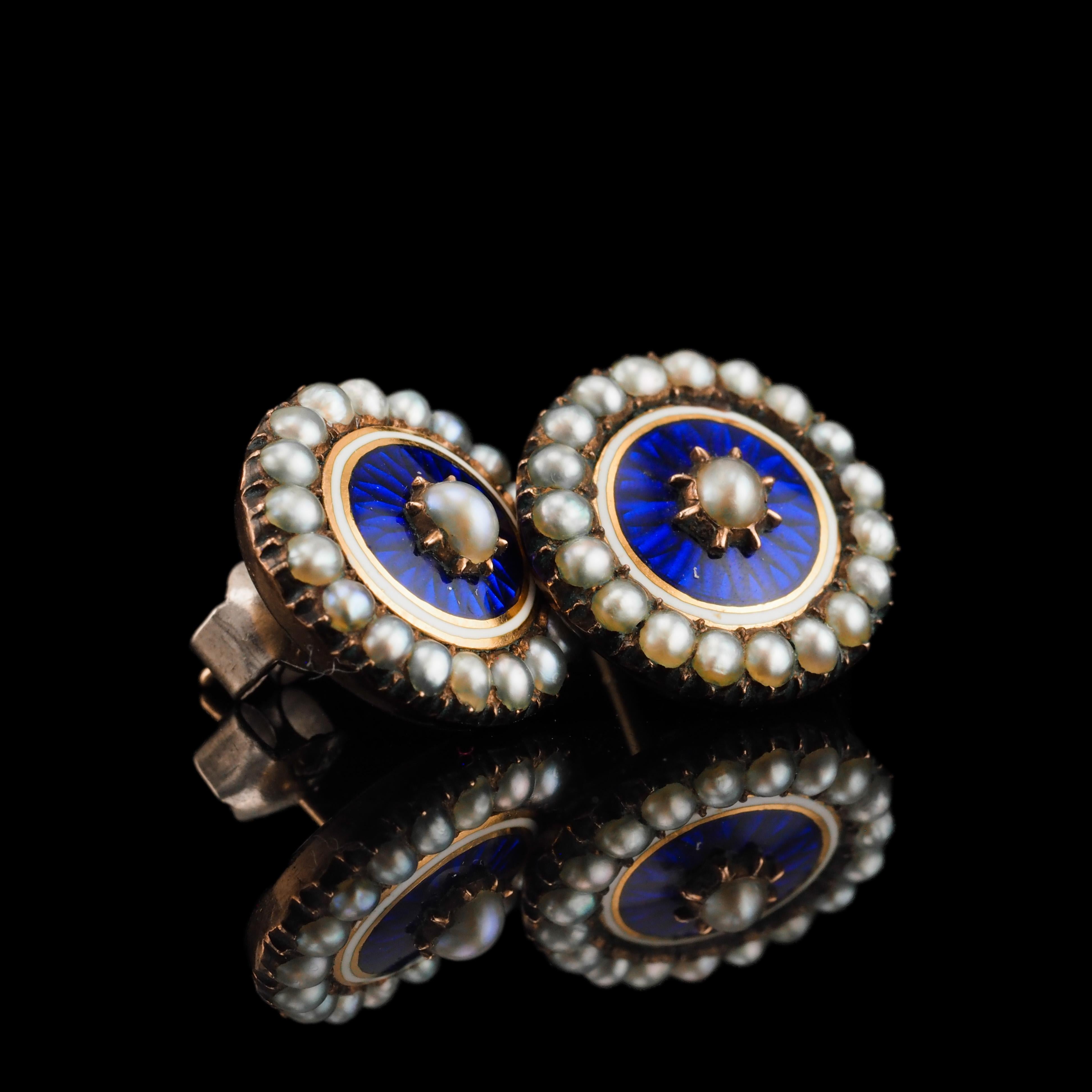 Antique Georgian Gold Earrings with Blue Enamel Guilloche Pearl Cluster c.1800 For Sale 2
