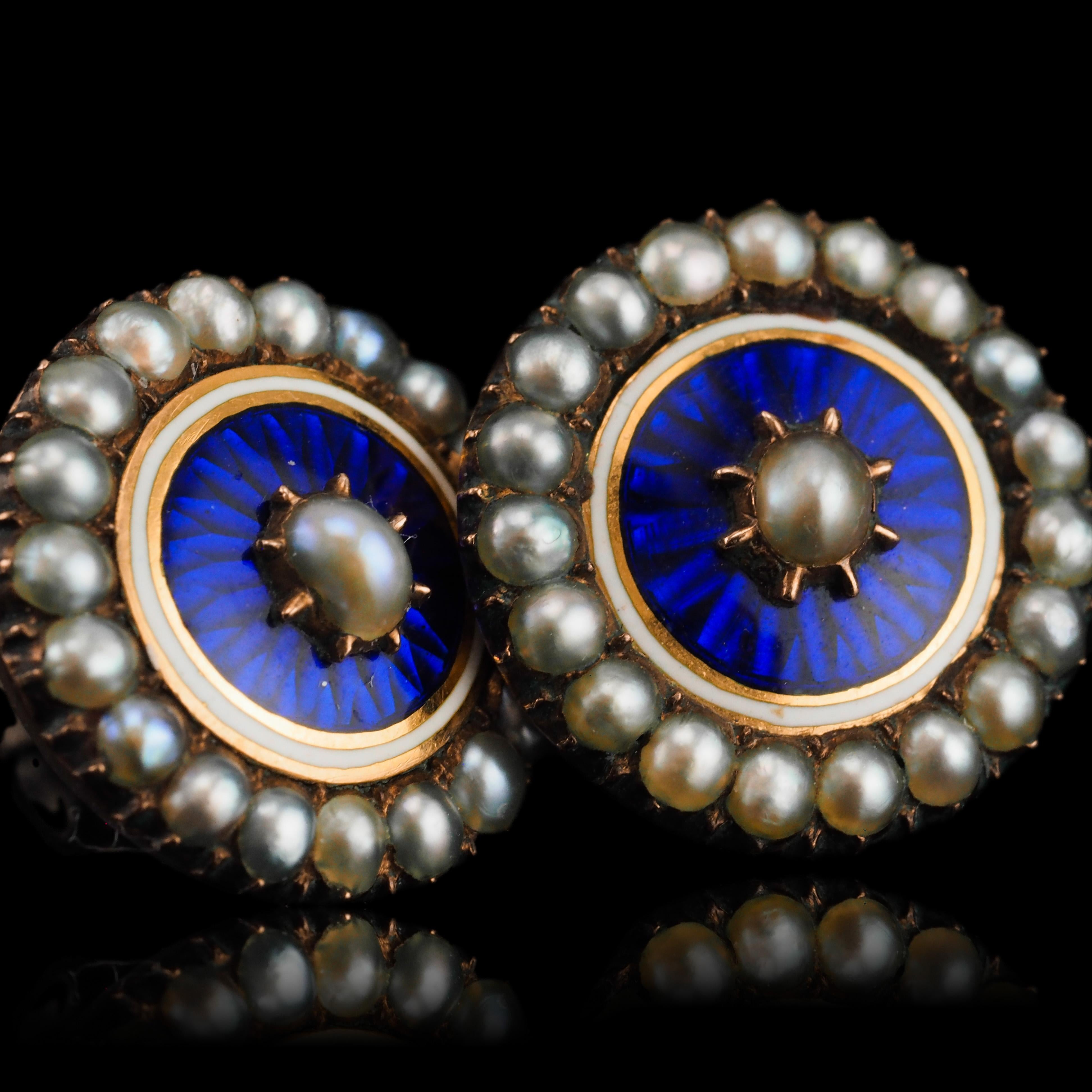 Antique Georgian Gold Earrings with Blue Enamel Guilloche Pearl Cluster c.1800 For Sale 3