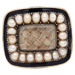 Used Georgian Gold, Enamel, and Seed Pearl Braided Hair Mourning Brooch