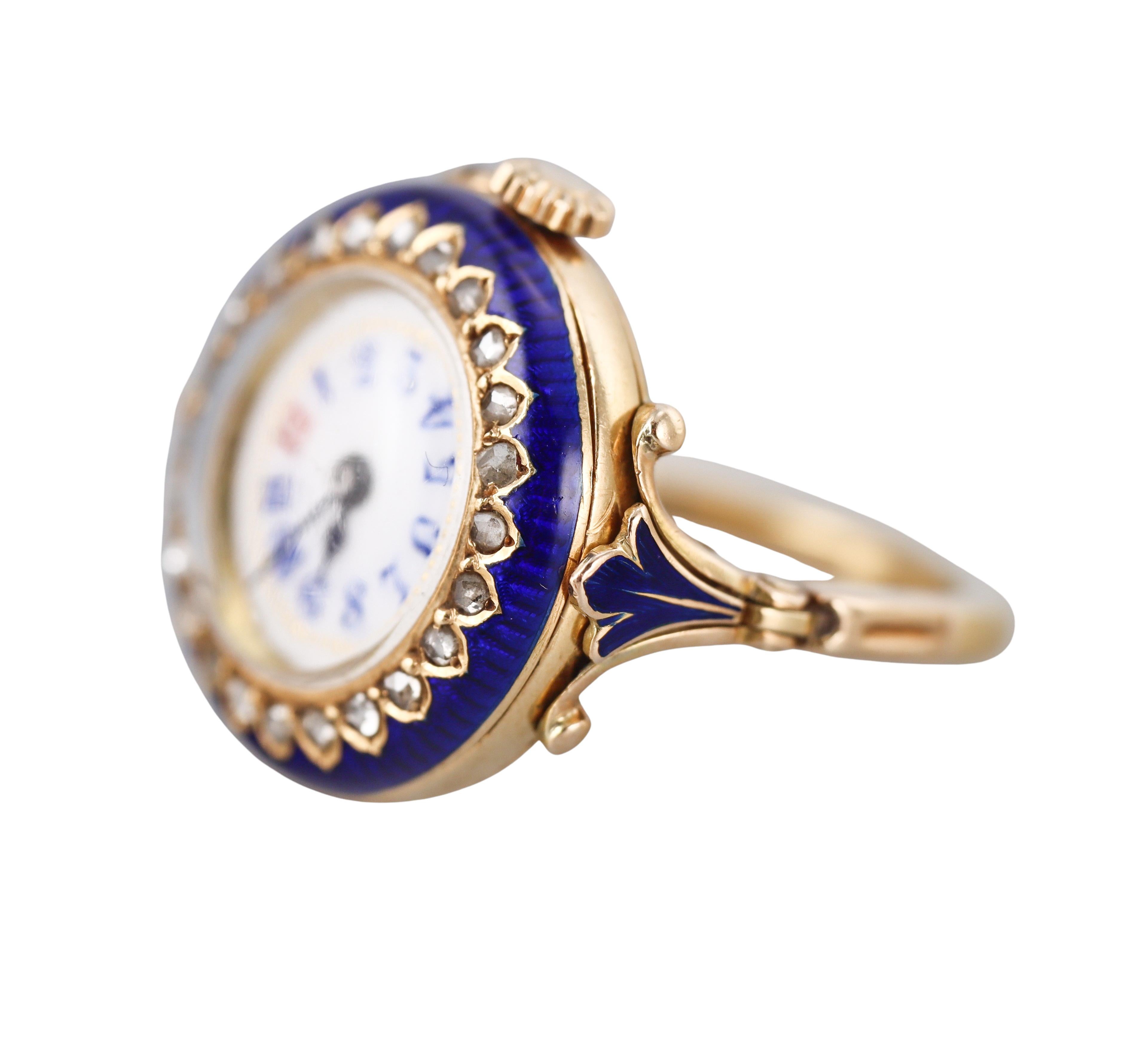 Rose Cut Antique Georgian Gold Enamel Diamond Watch Ring For Sale