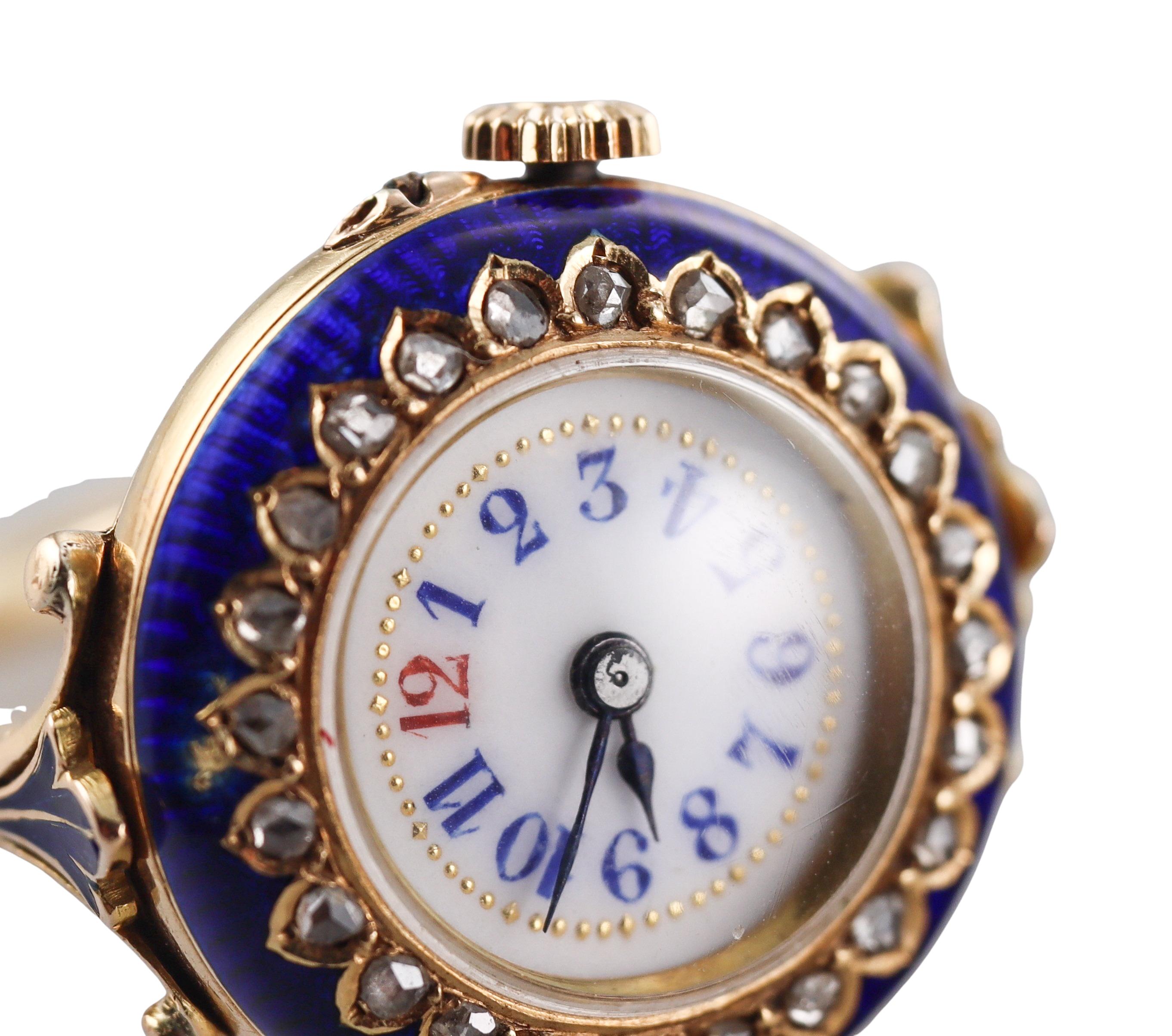 Antique Georgian Gold Enamel Diamond Watch Ring For Sale 1