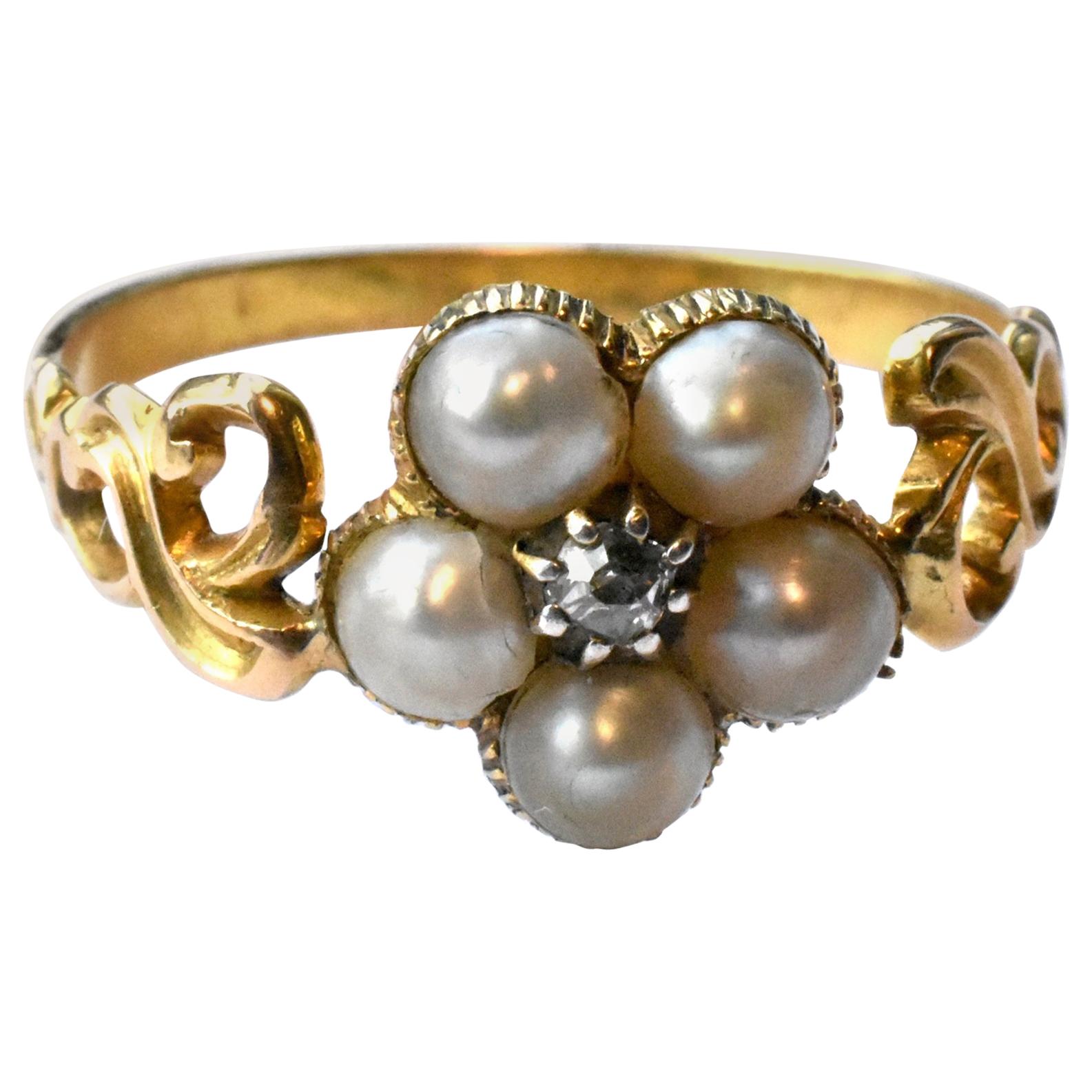 Antique Georgian Gold, Pearl and Diamond Forget-Me-Not Ring, circa 1840