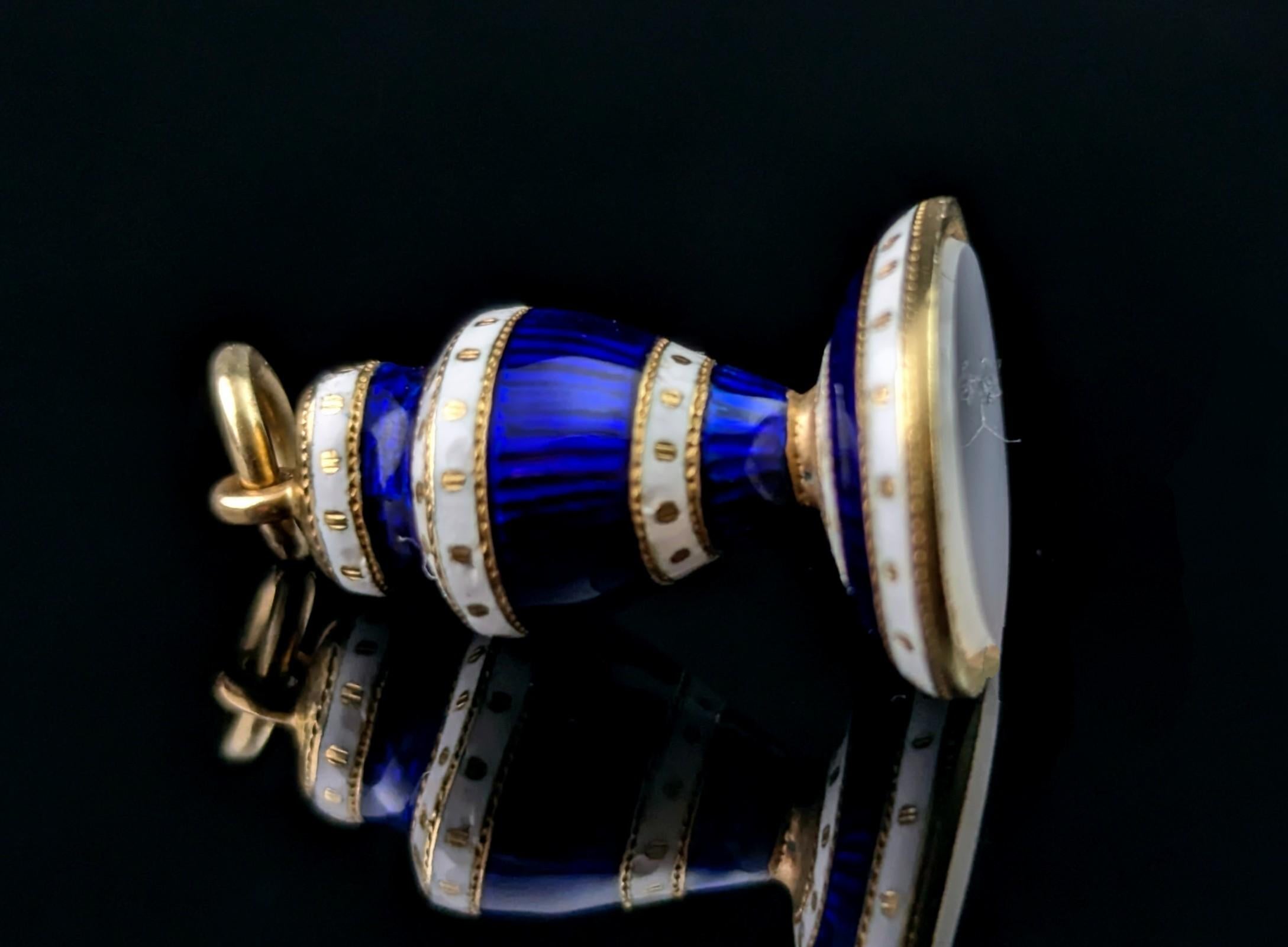 Antique Georgian gold seal fob pendant, Urn, Blue and white enamel For Sale 6