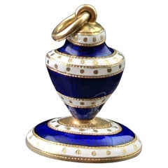Antique Georgian gold seal fob pendant, Urn, Blue and white enamel