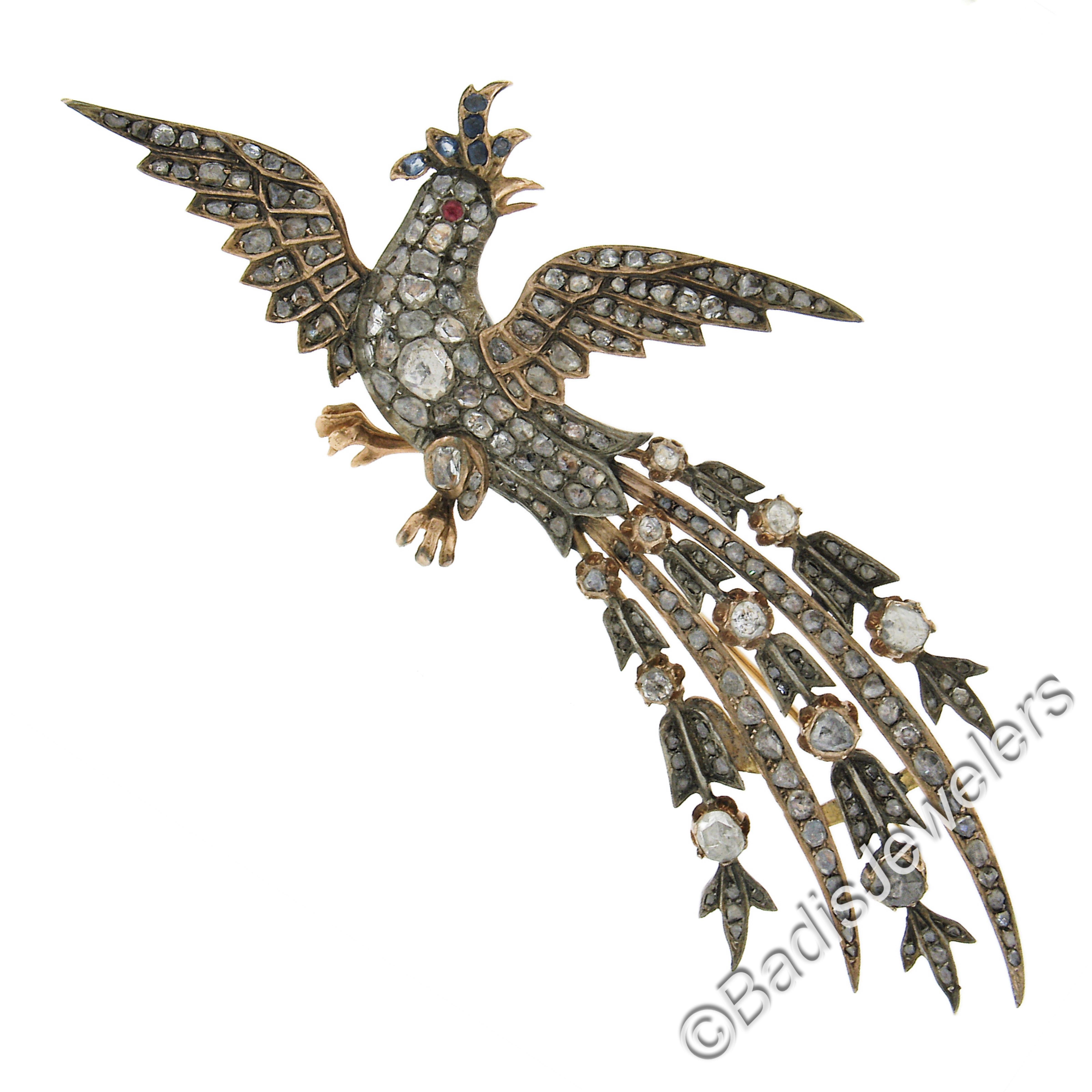 Rose Cut Antique Georgian Gold & Silver Diamond Flying Large Peacock Bird Pin Brooch For Sale
