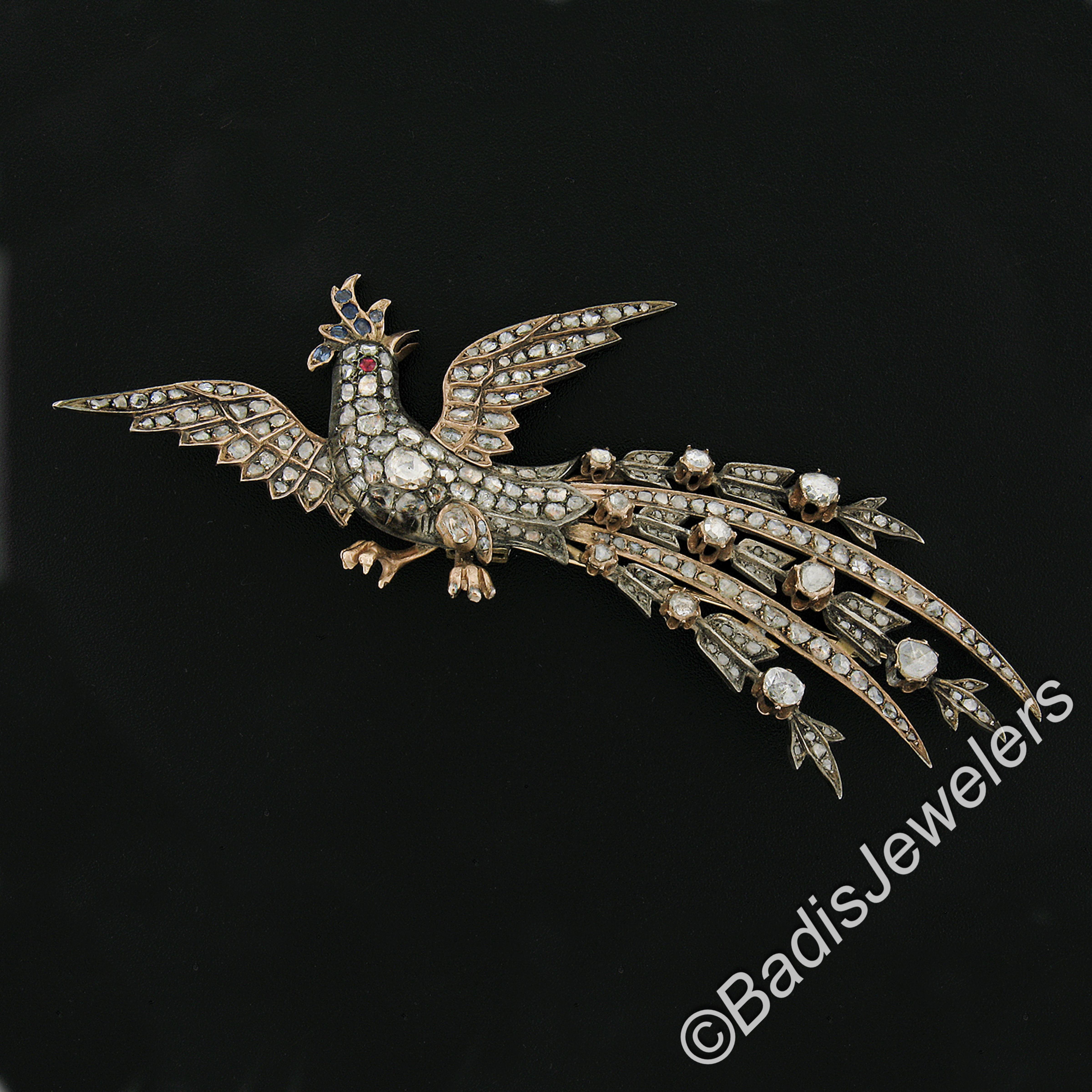Antique Georgian Gold & Silver Diamond Flying Large Peacock Bird Pin Brooch In Good Condition For Sale In Montclair, NJ