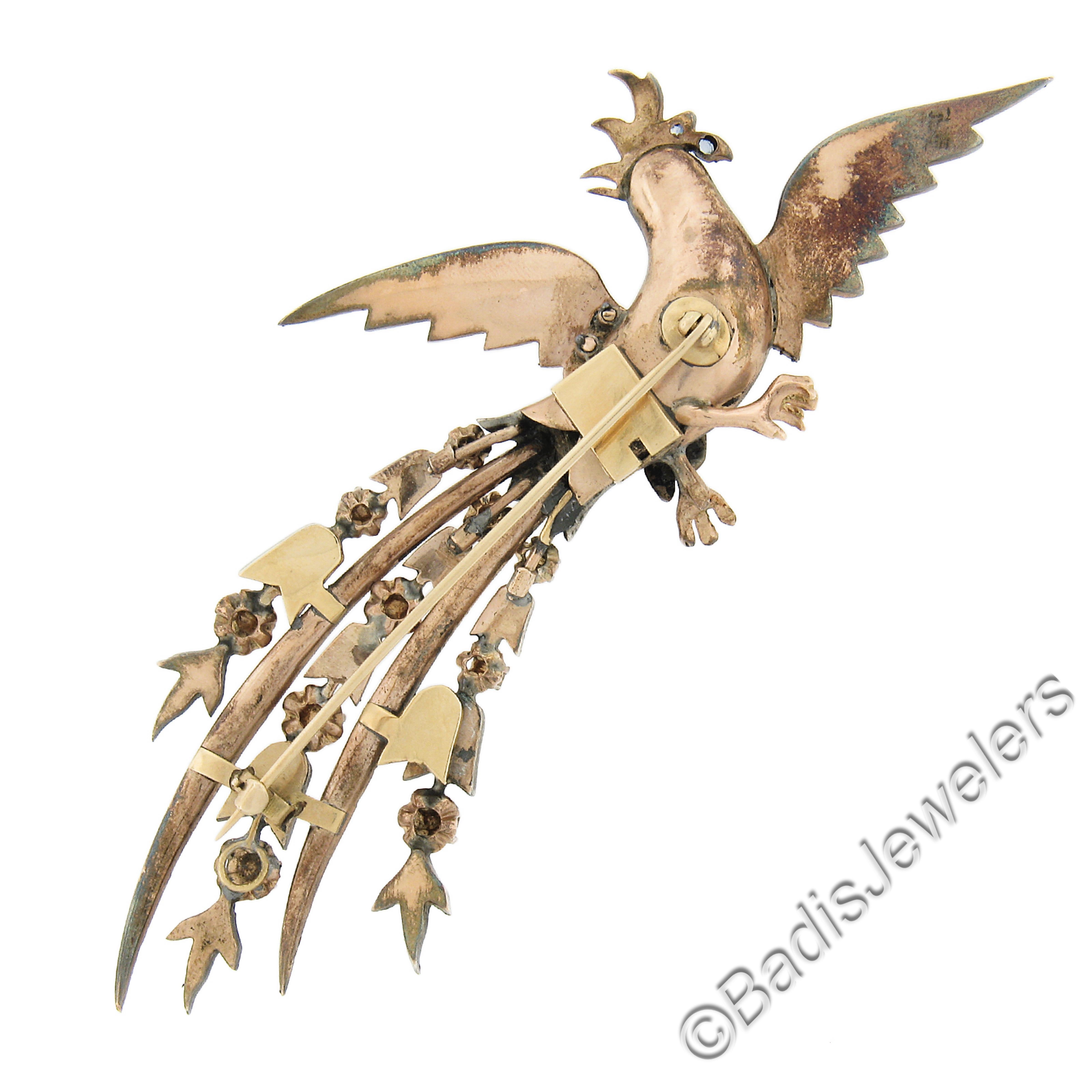 Women's Antique Georgian Gold & Silver Diamond Flying Large Peacock Bird Pin Brooch For Sale
