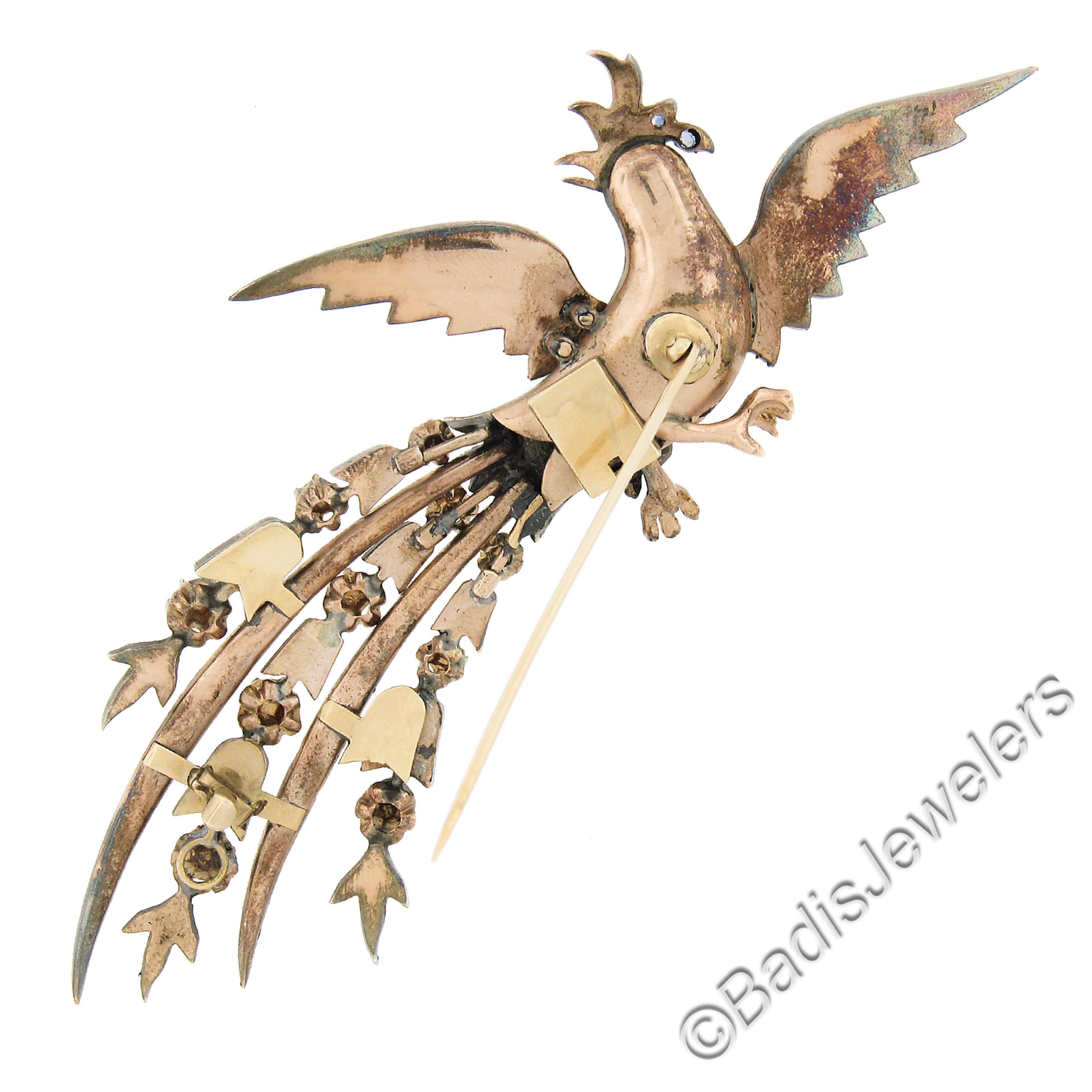 Antique Georgian Gold & Silver Diamond Flying Large Peacock Bird Pin Brooch For Sale 1