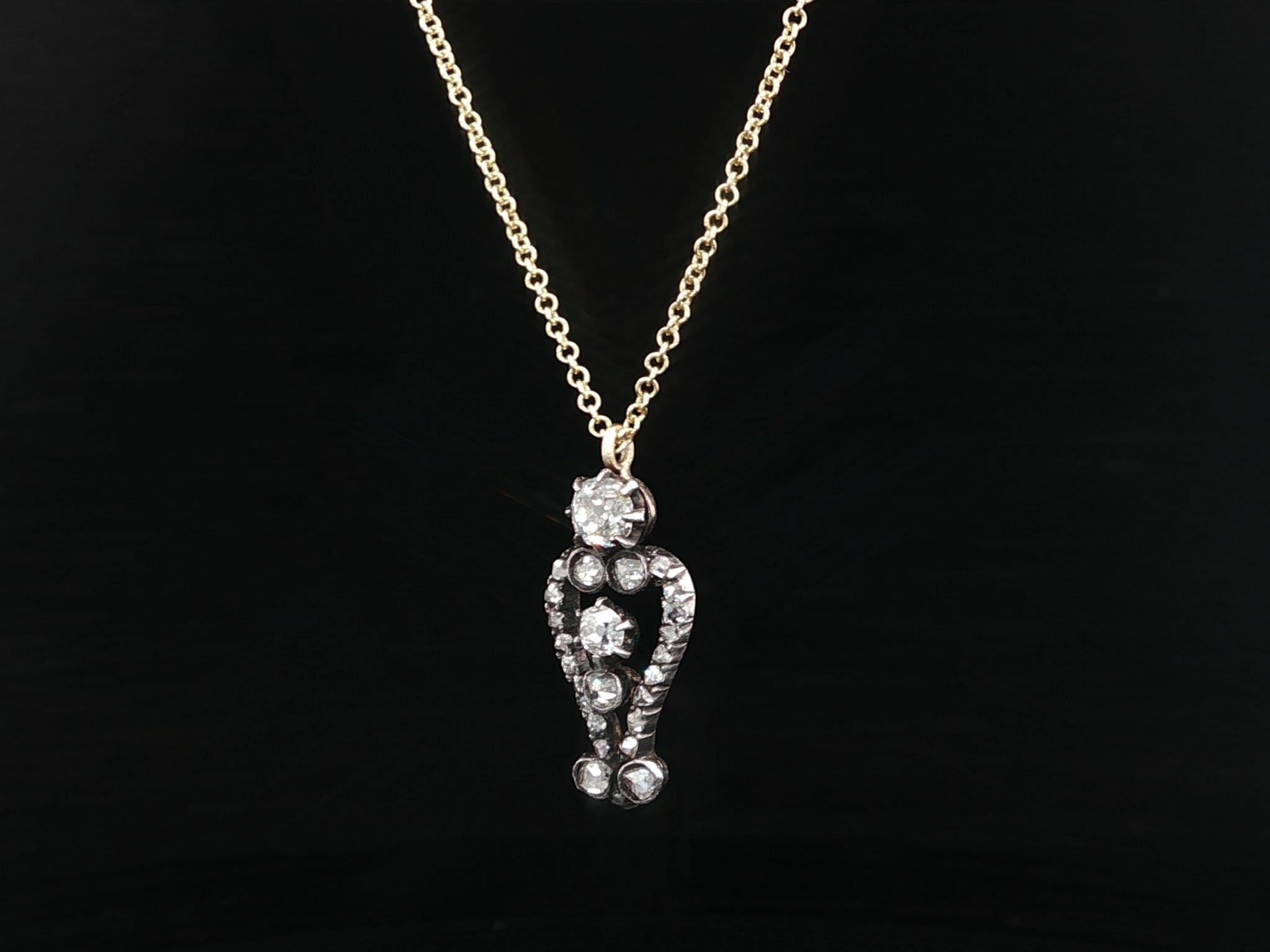 Colgante pequeño georgiano antiguo de oro y plata con diamantes talla antigua Cadena ajustable Georgiano en venta