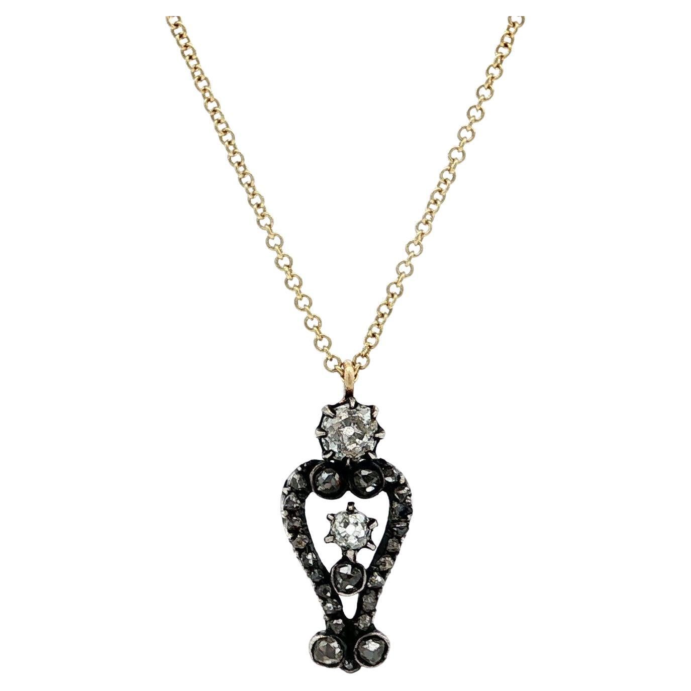 Colgante pequeño georgiano antiguo de oro y plata con diamantes talla antigua Cadena ajustable en venta