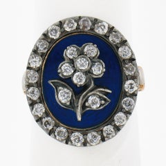 Antique Georgian Gold & Silver Oval Blue Enamel Old Cut Diamond Flower Halo Ring