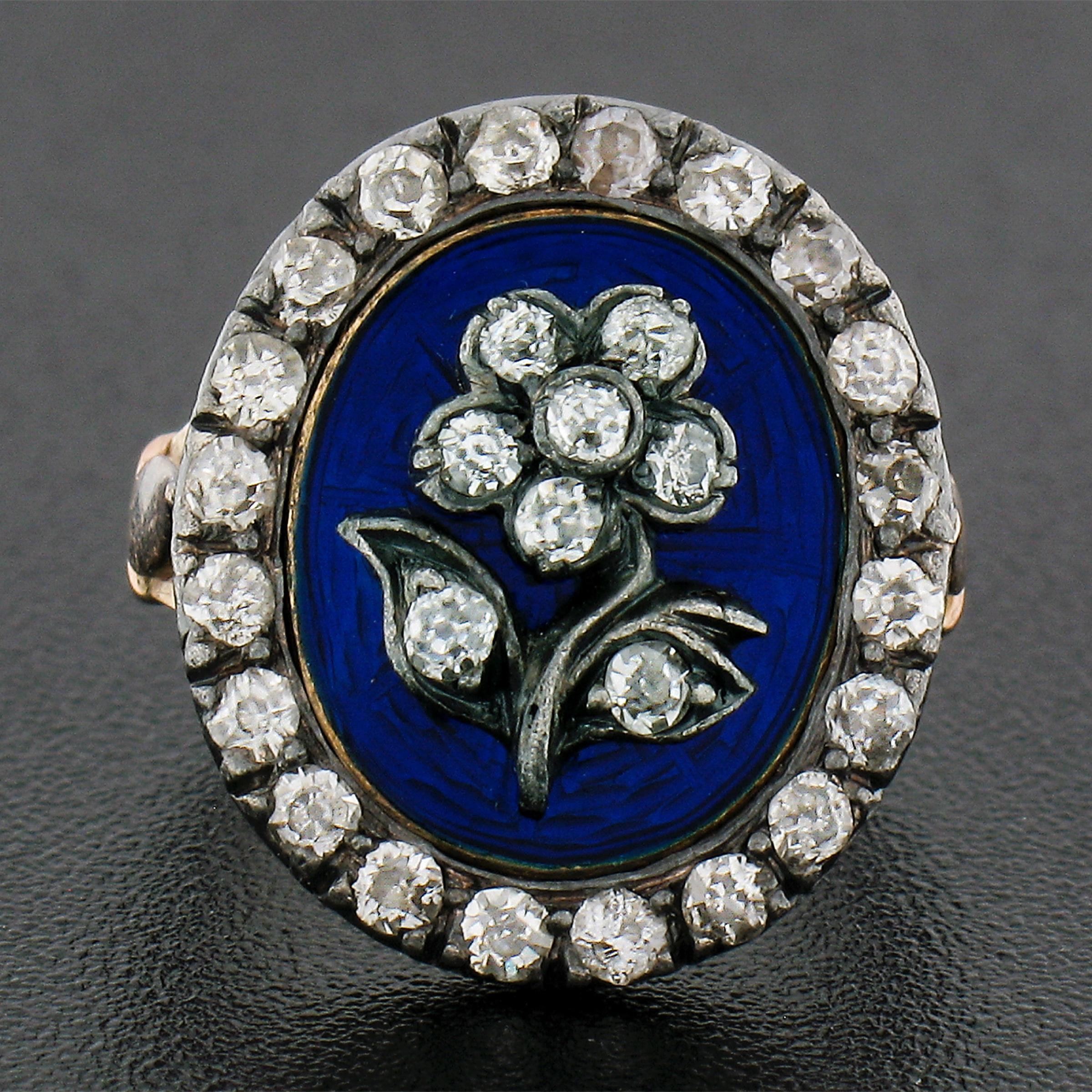Old European Cut Antique Georgian Gold & Silver Oval Blue Enamel Old Cut Diamond Flower Halo Ring For Sale