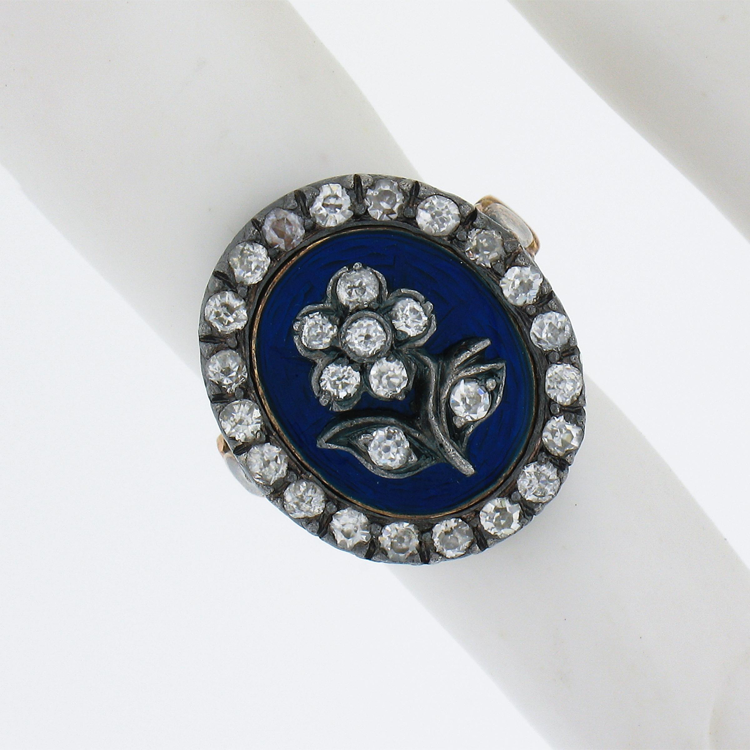 Antique Georgian Gold & Silver Oval Blue Enamel Old Cut Diamond Flower Halo Ring In Good Condition For Sale In Montclair, NJ