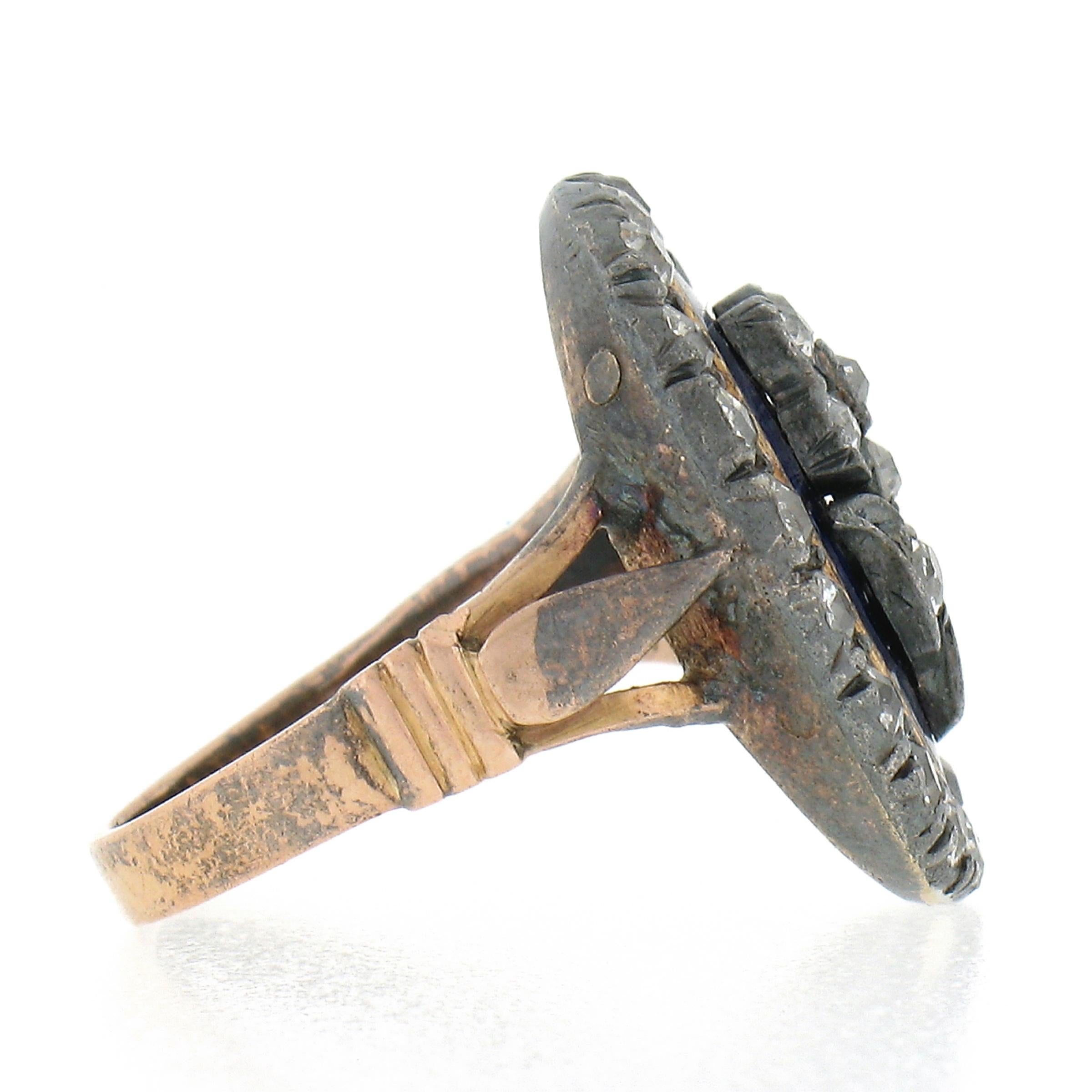 Women's Antique Georgian Gold & Silver Oval Blue Enamel Old Cut Diamond Flower Halo Ring For Sale