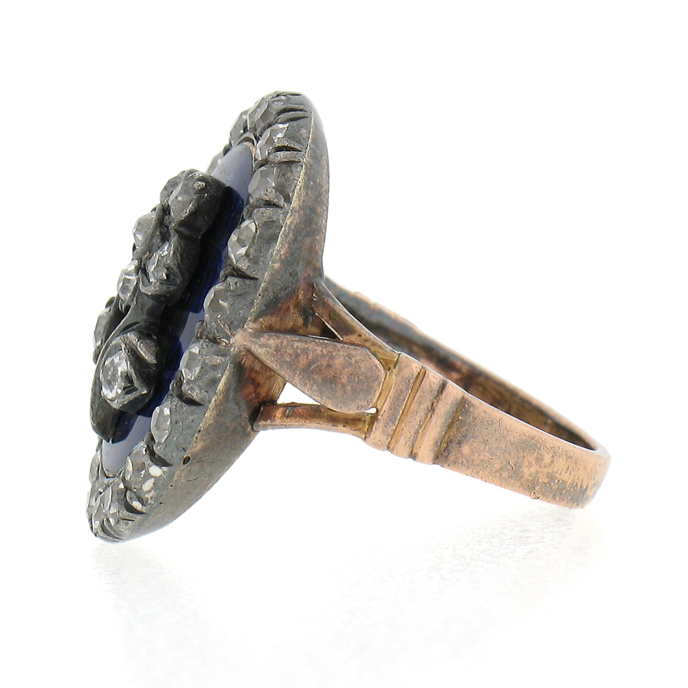 Antique Georgian Gold & Silver Oval Blue Enamel Old Cut Diamond Flower Halo Ring For Sale 1