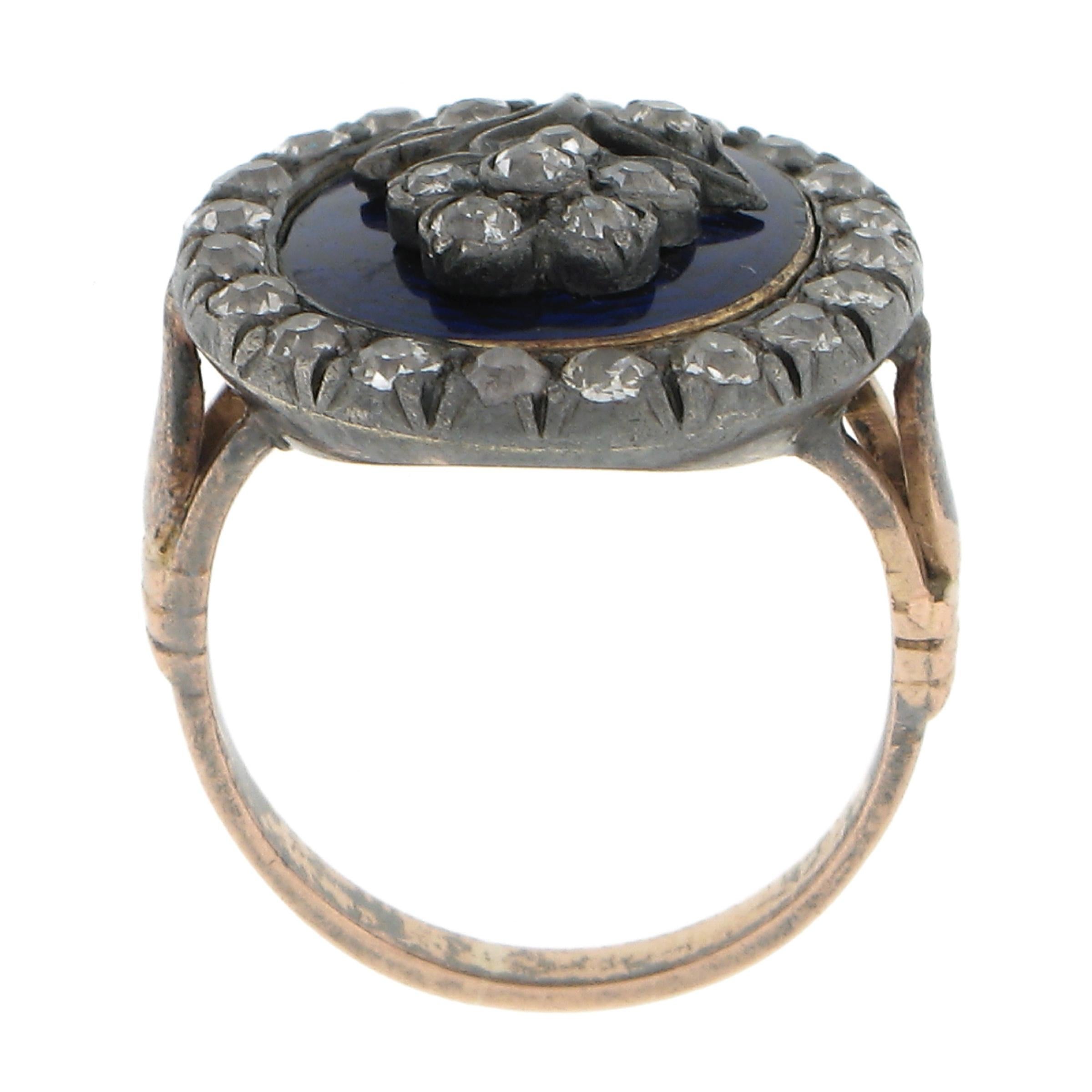 Antique Georgian Gold & Silver Oval Blue Enamel Old Cut Diamond Flower Halo Ring For Sale 3