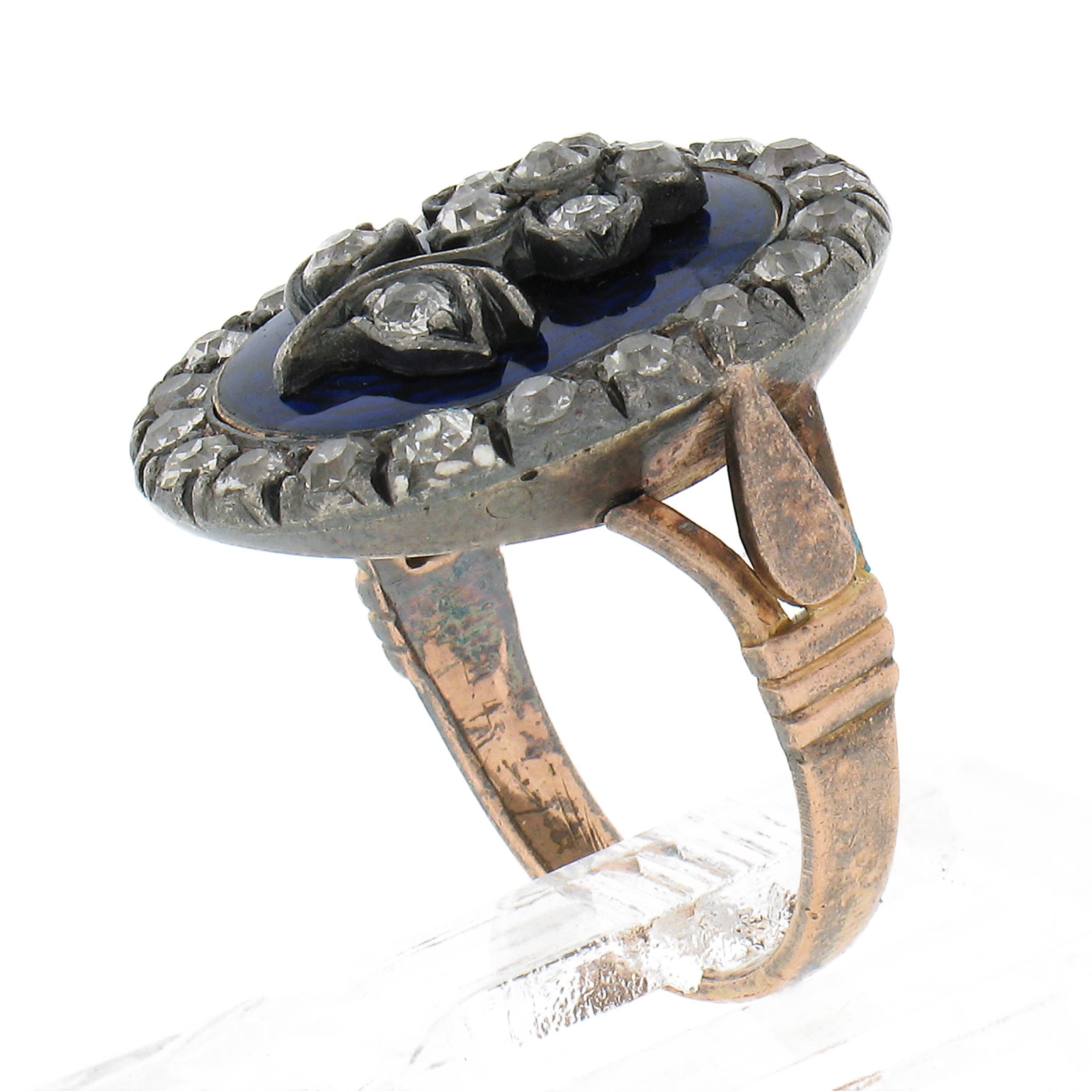 Antique Georgian Gold & Silver Oval Blue Enamel Old Cut Diamond Flower Halo Ring For Sale 4
