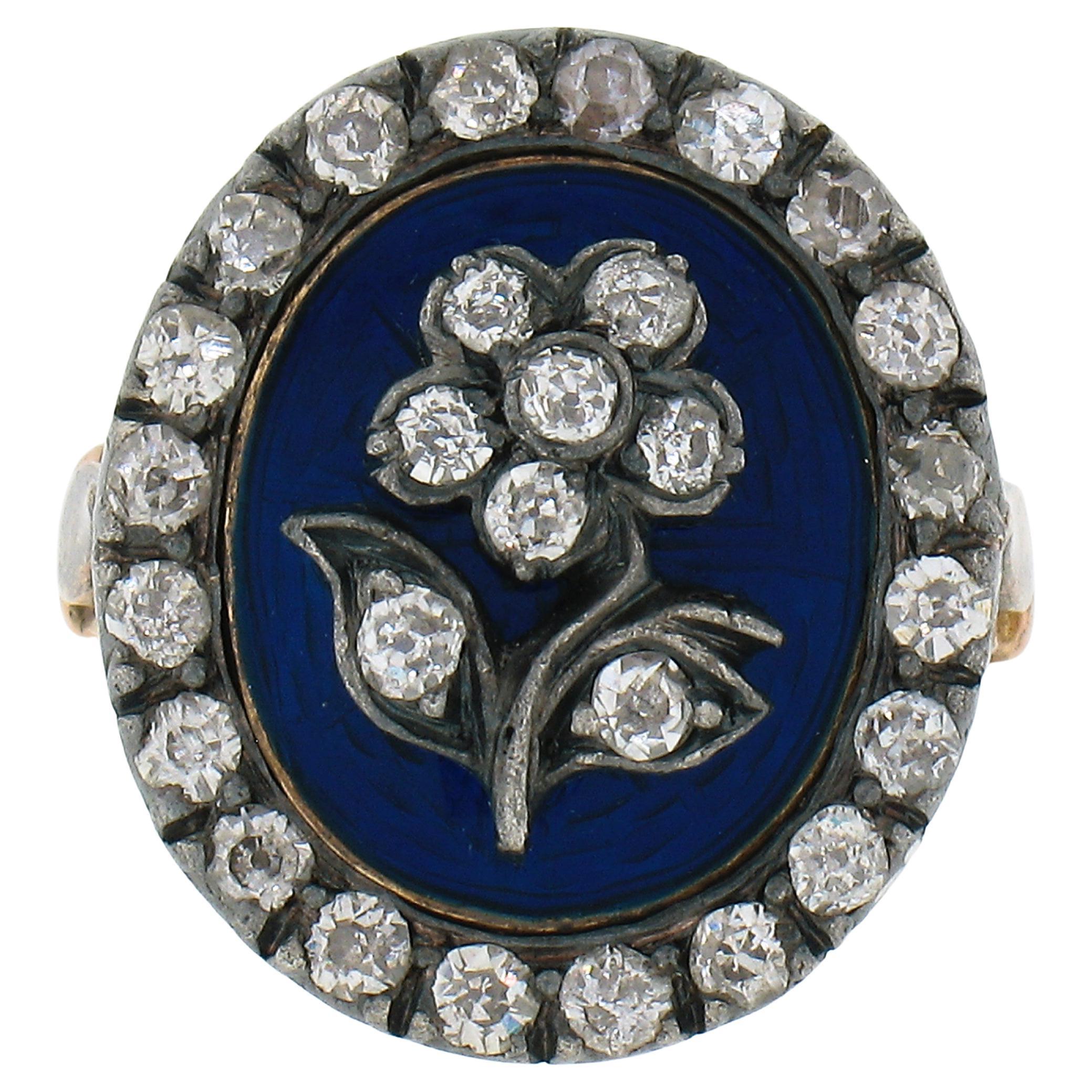 Antique Georgian Gold & Silver Oval Blue Enamel Old Cut Diamond Flower Halo Ring For Sale