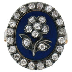 Antique Georgian Gold & Silver Oval Blue Enamel Old Cut Diamond Flower Halo Ring