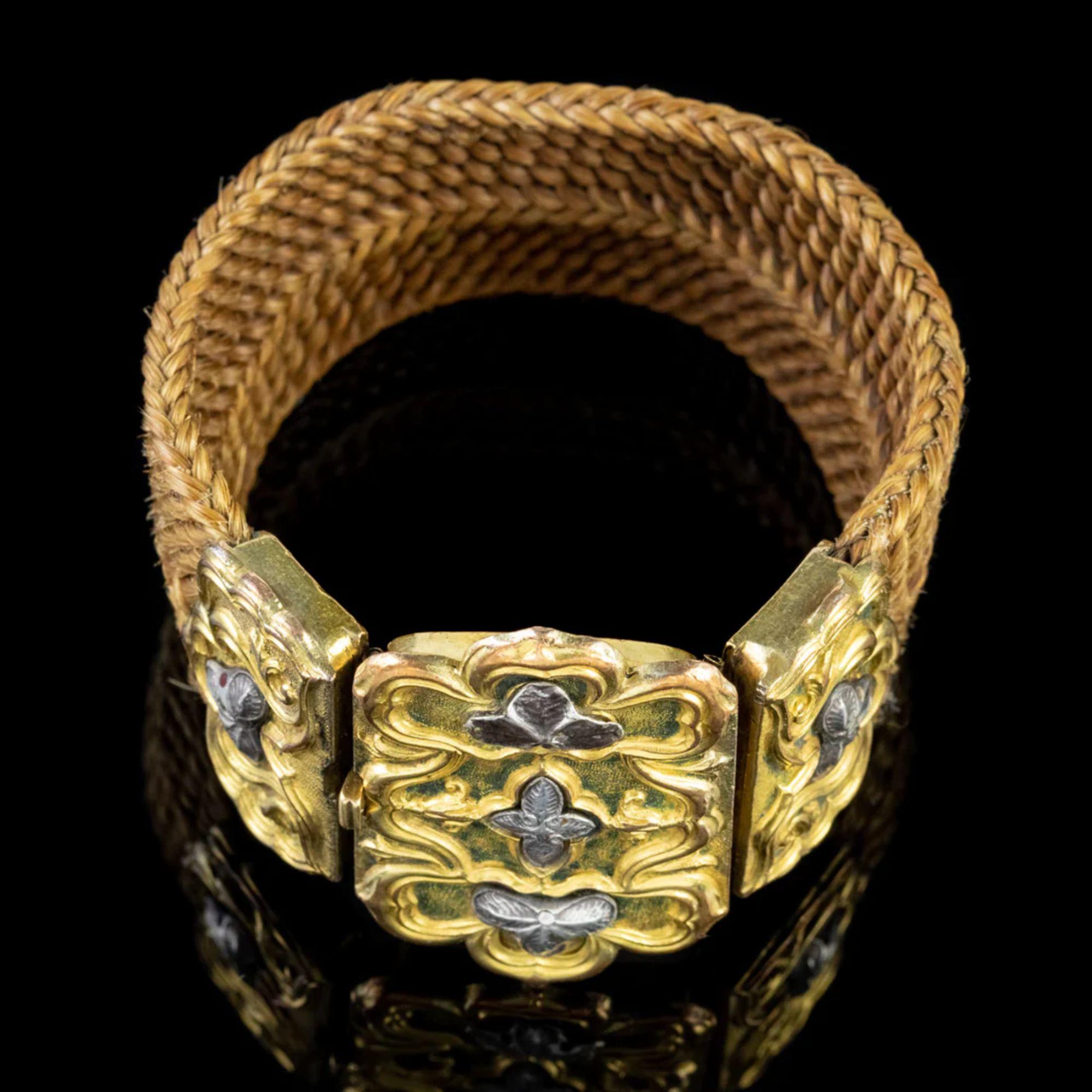 Antikes georgianisches Haararmband mit Gold-Silber-Verschluss im Zustand „Gut“ im Angebot in Kendal, GB