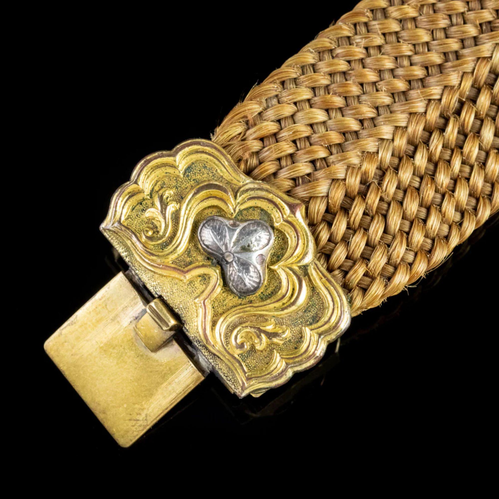 Bracelet de cheveux géorgien antique fermoir en or et argent en vente 1