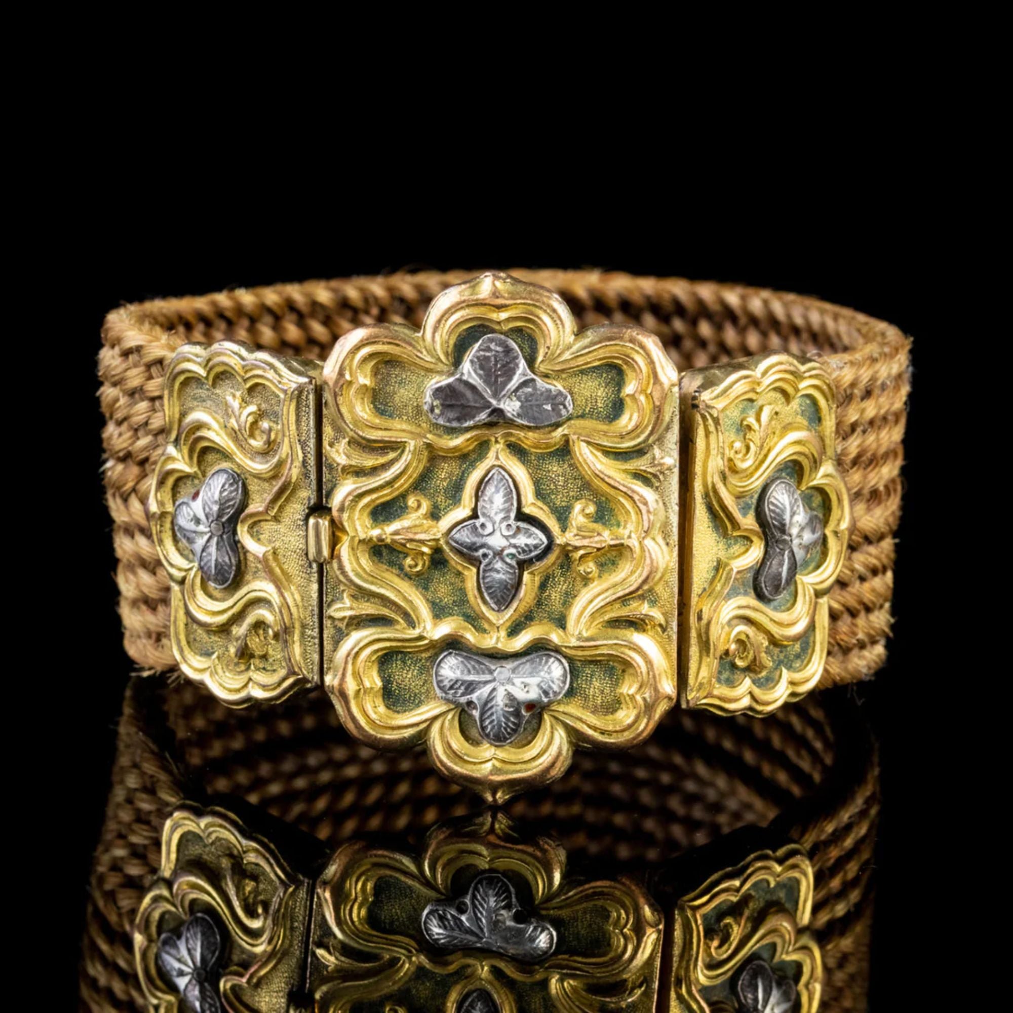 Bracelet de cheveux géorgien antique fermoir en or et argent en vente