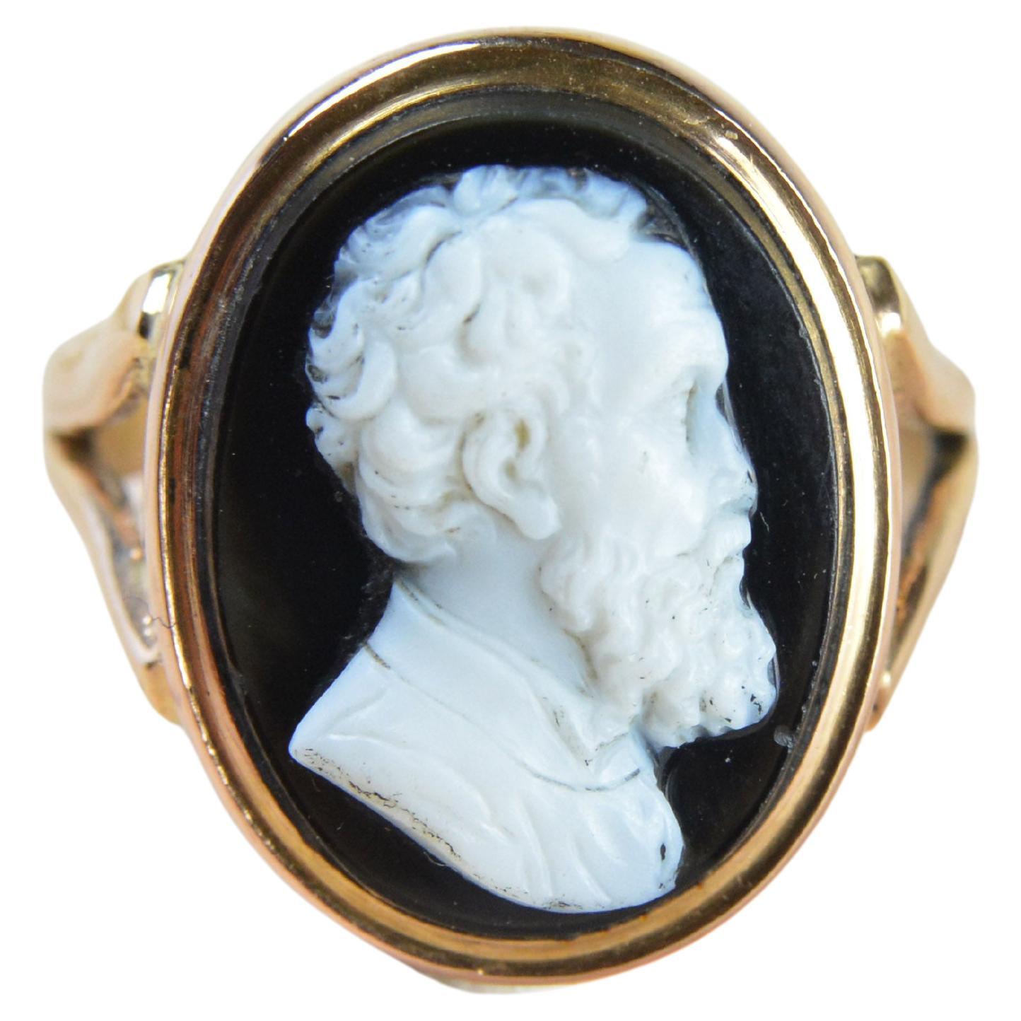 Antique Georgian Hardstone Cameo Signet Ring, Greek Philosopher, 9ct Rose Gold For Sale