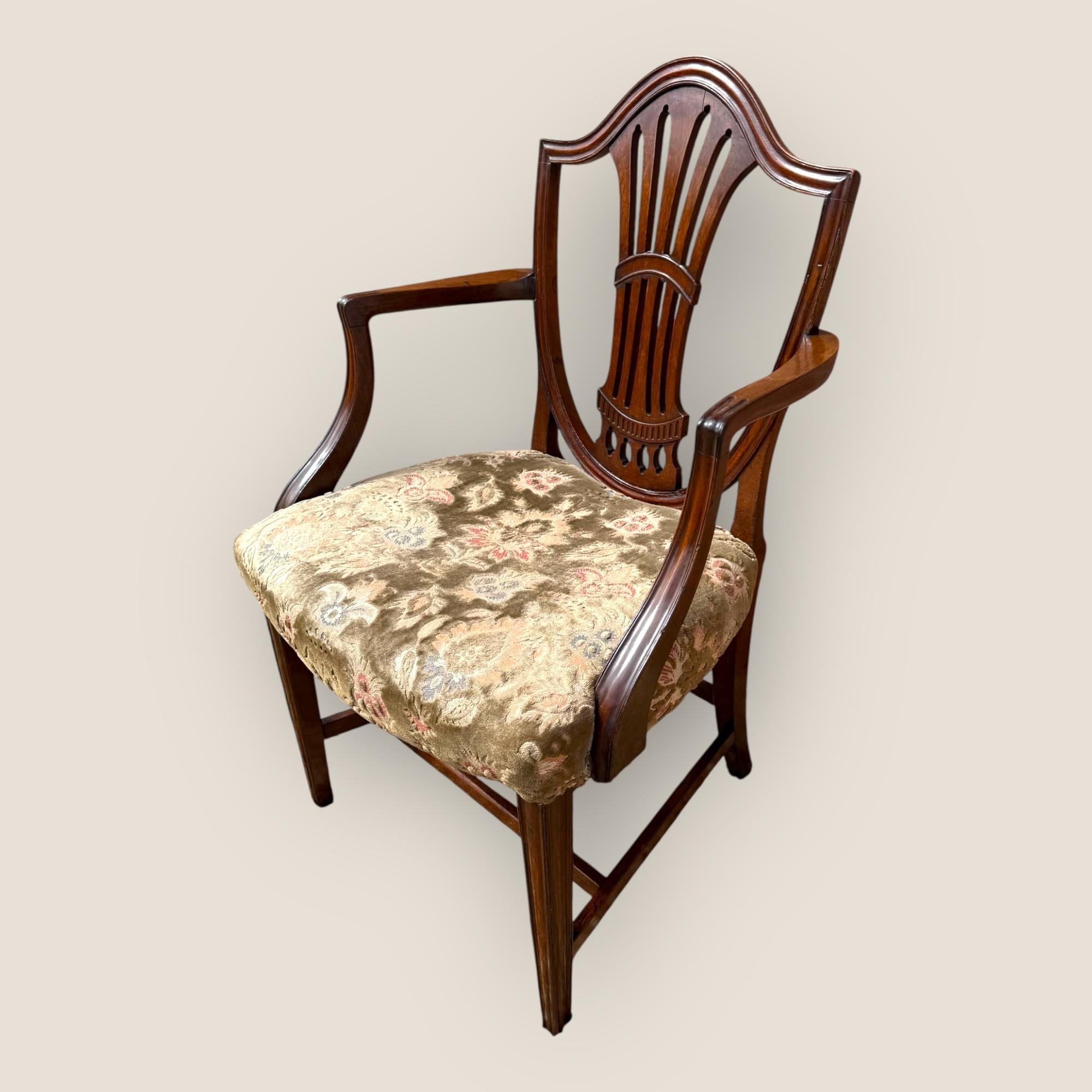 British Antique Georgian Hepplewhite Period Floral Upholstered Mahogany Carver Chair For Sale