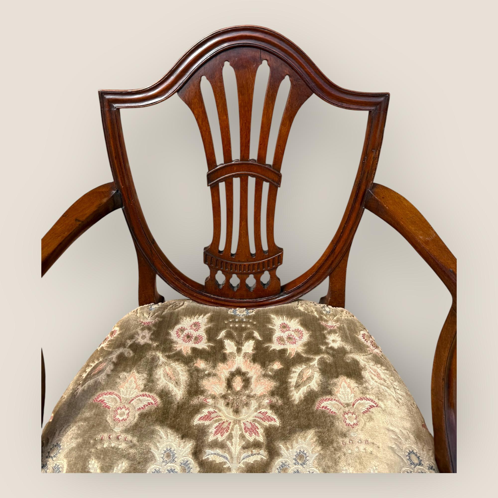 Carved Antique Georgian Hepplewhite Period Floral Upholstered Mahogany Carver Chair For Sale