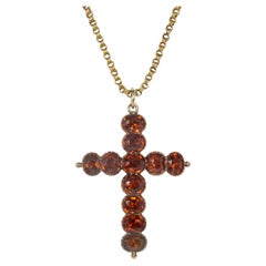 Antique Georgian Hessonite Garnet and Gold Cross Pendant with Chain