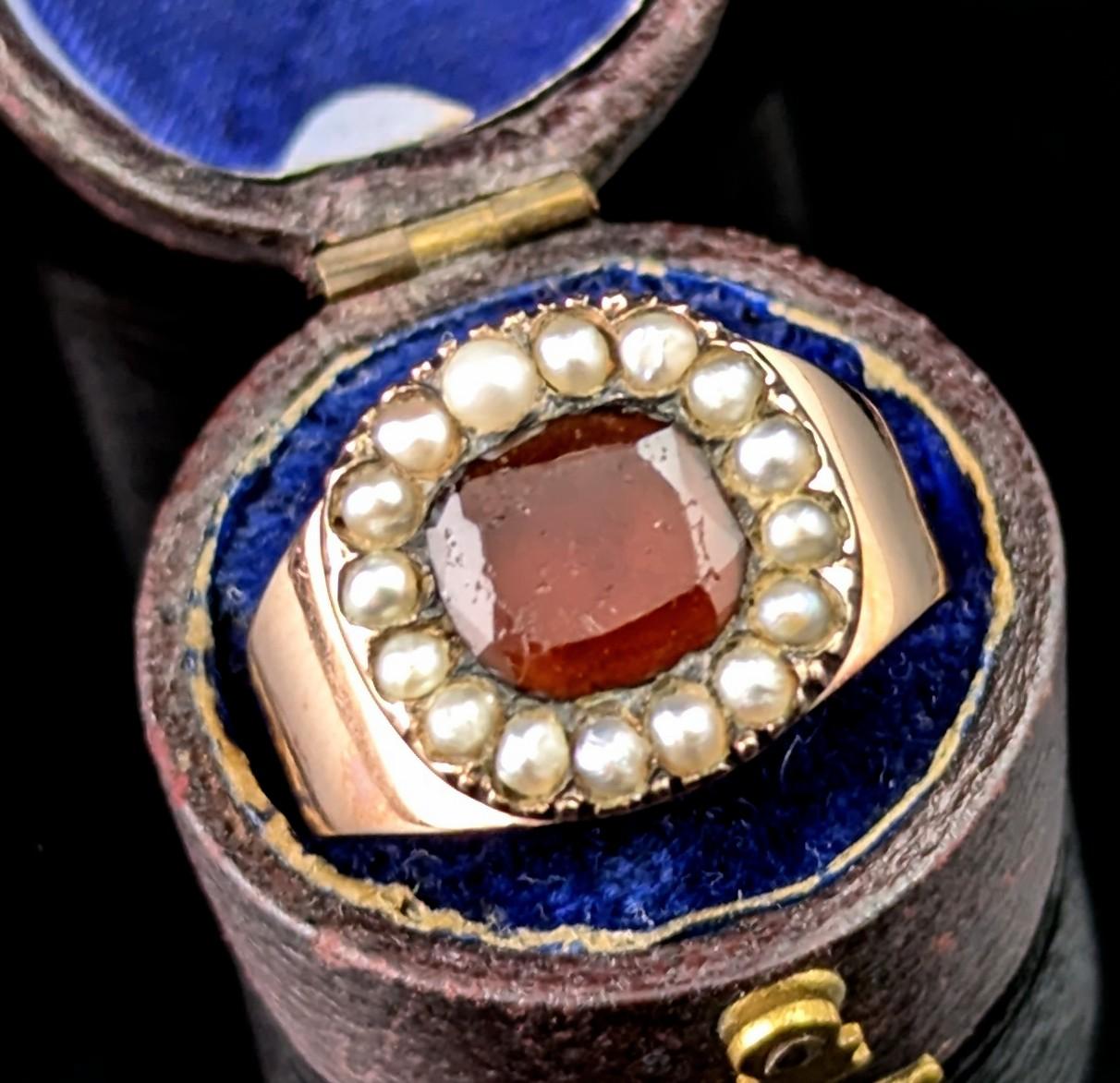 Antique Cushion Cut Antique Georgian Hessonite Garnet and Pearl ring, 9k rose gold For Sale